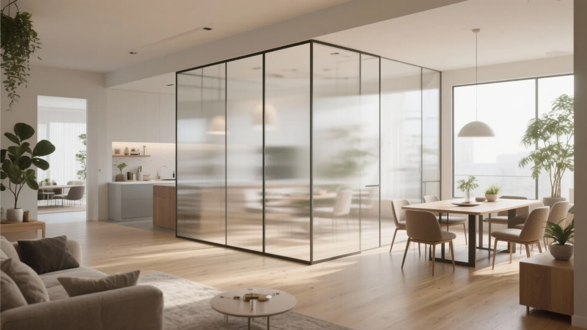 Open plan interior with glass wall divider dining table wooden floor and kitchen in background