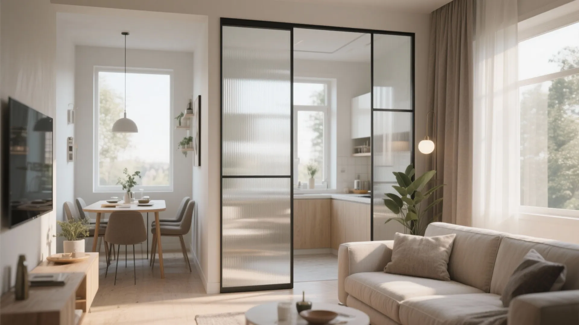 Bright interior with glass sliding doors separating the kitchen from a living room and dining