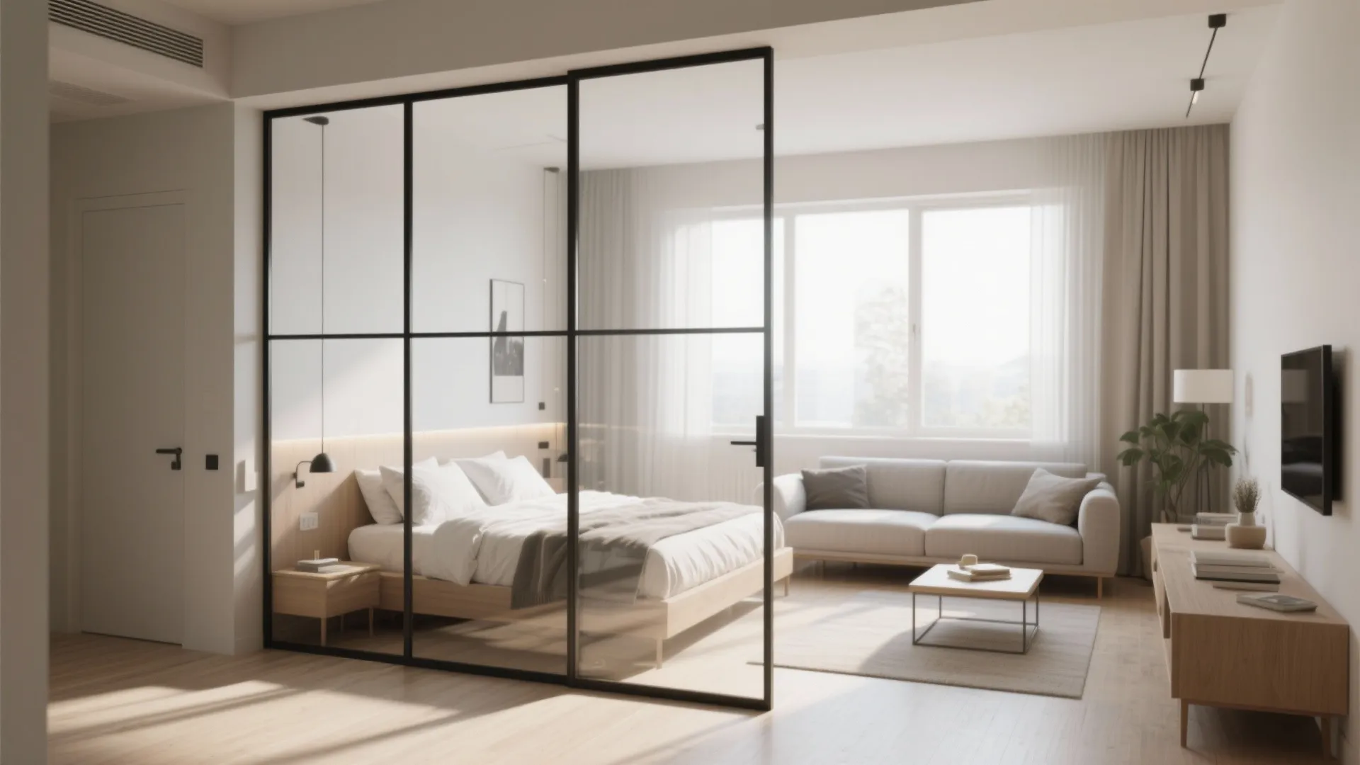 Glass wall divider between bed and living space allowing light flow