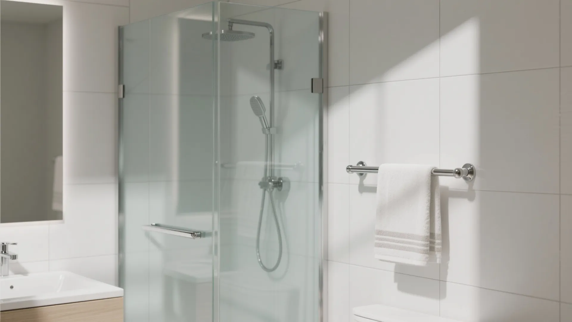 Modern white bathroom featuring glass shower door with metal handle and white towel on rack