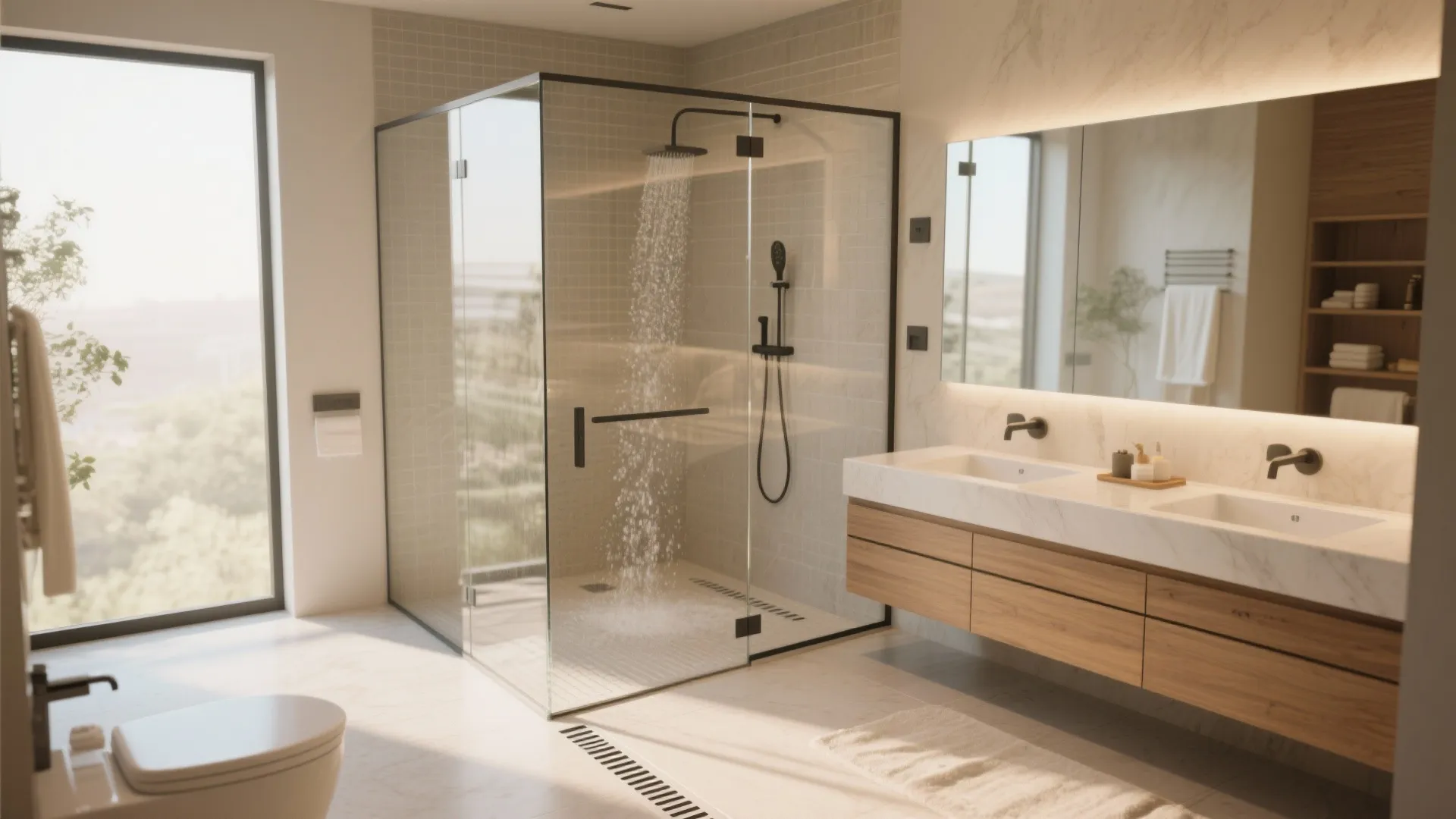 Master bathroom with a clear glass divider separating shower and vanity, showing linear drain and sloped floor.