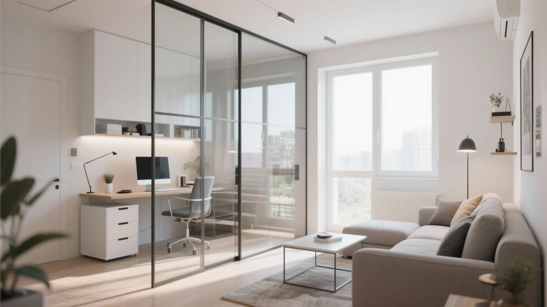 Modern living room with glass wall separating home office desk from grey sofa and table