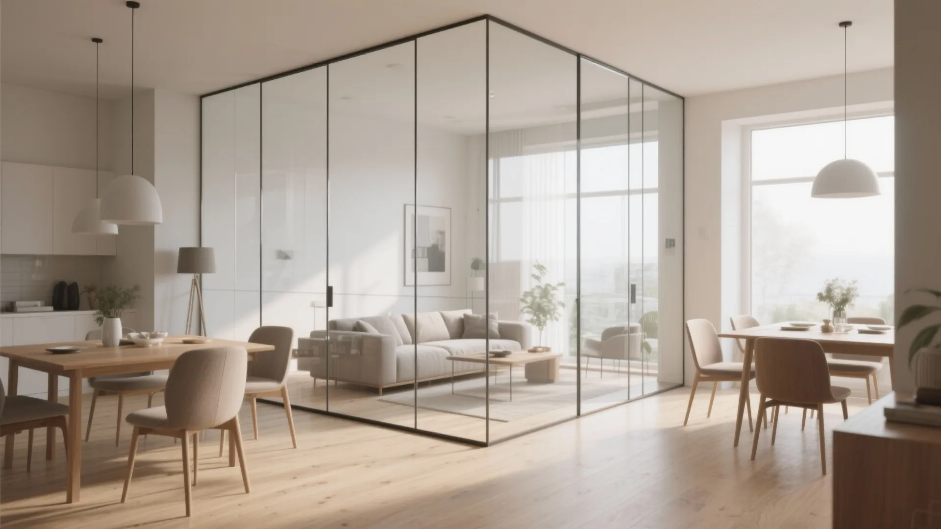 Small open plan room with clear glass partition between areas