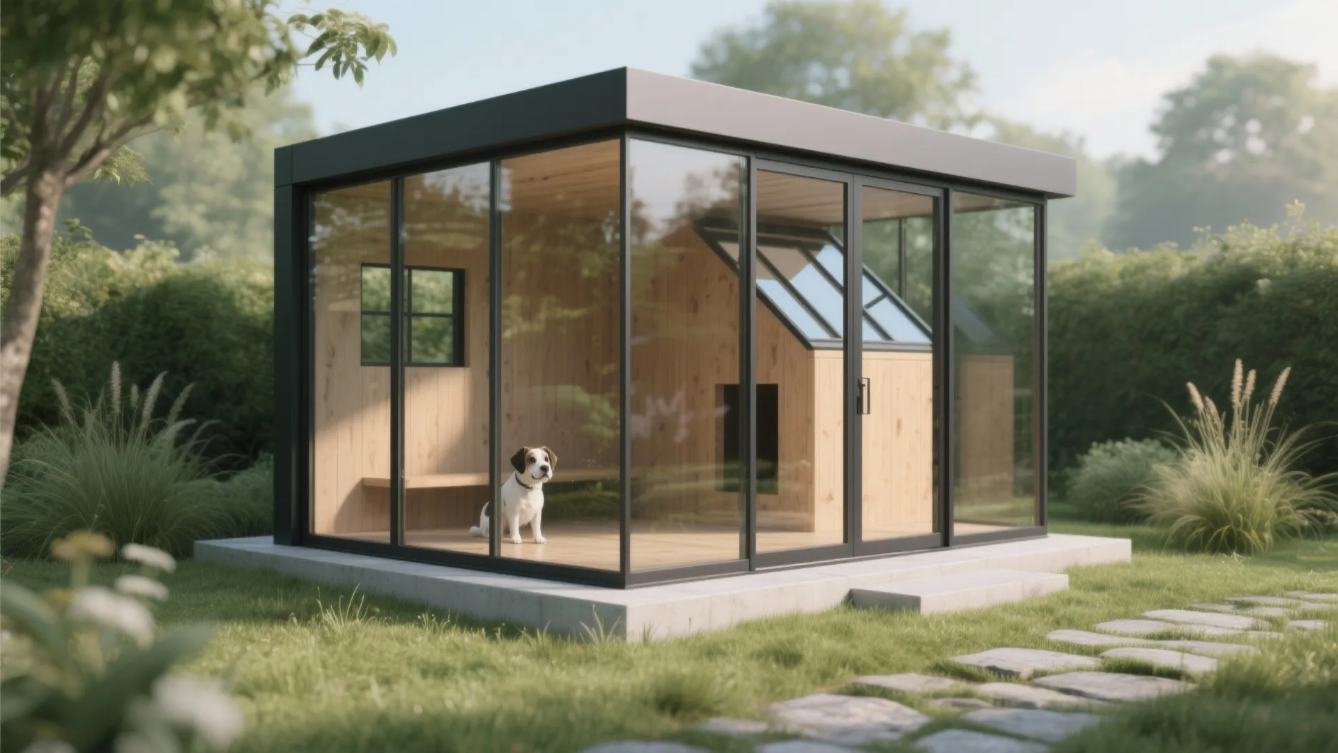 Glass-Fronted Garden Dog House with Skylight