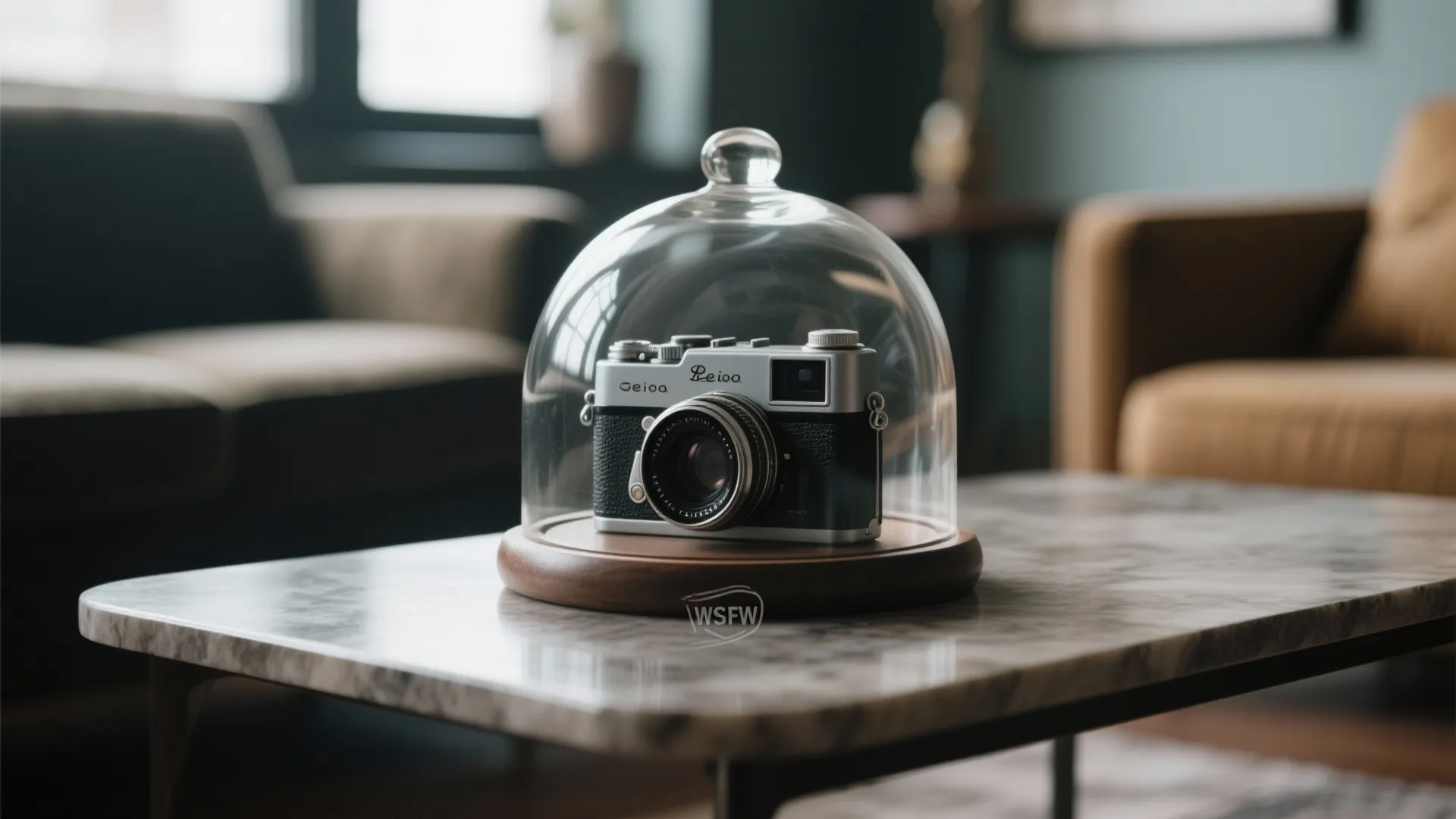 Vintage camera displayed under a clear glass dome on a marble table in a room
