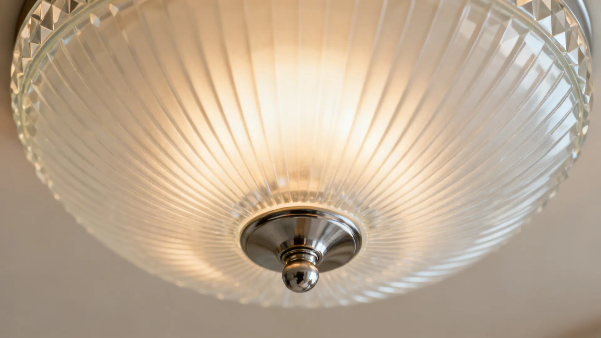 Close-up of a ribbed frosted glass dome flush mount with brushed metal hardware.