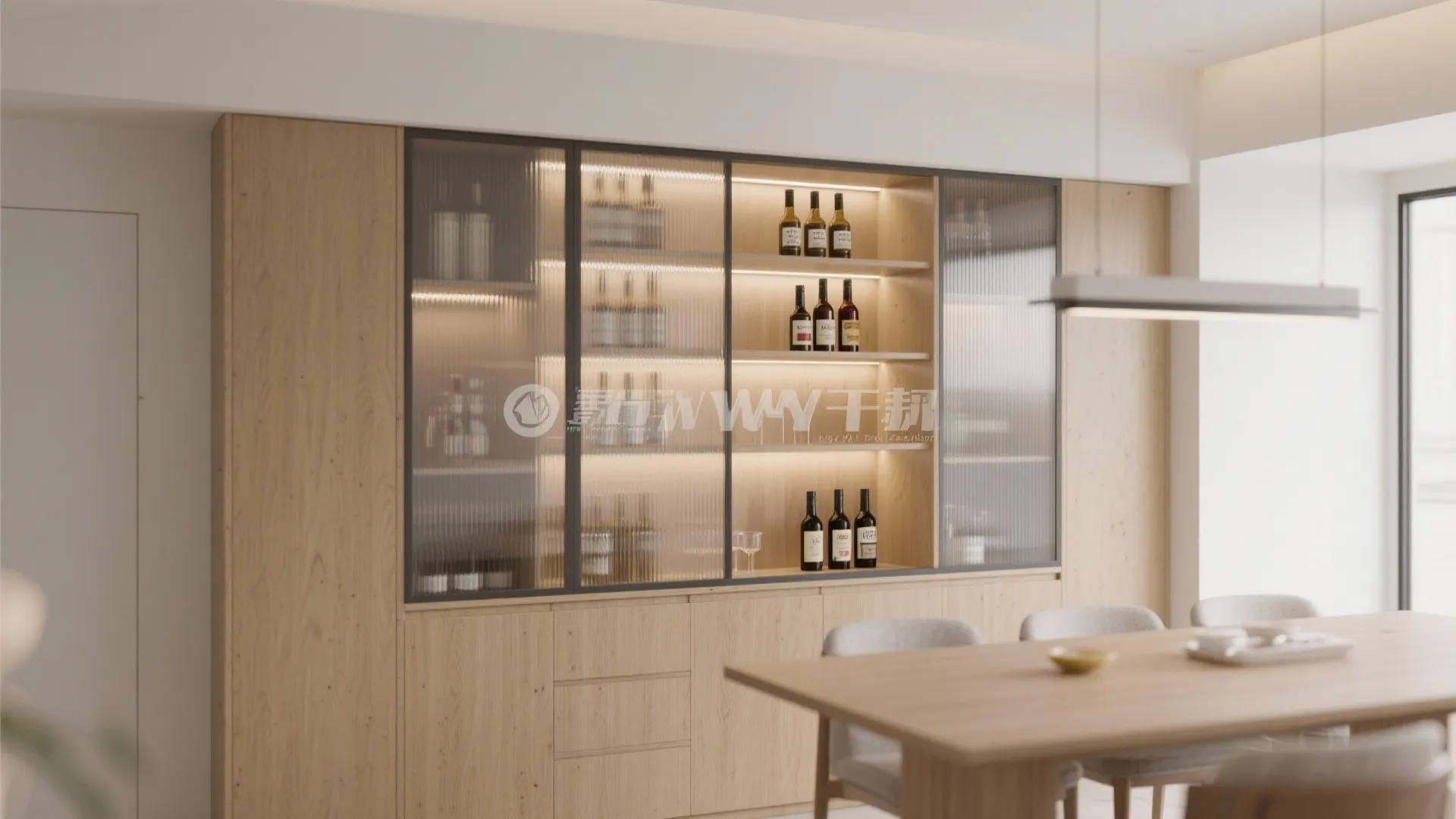 Modern wooden cabinet with glass doors holding wine bottles next to a wooden dining table