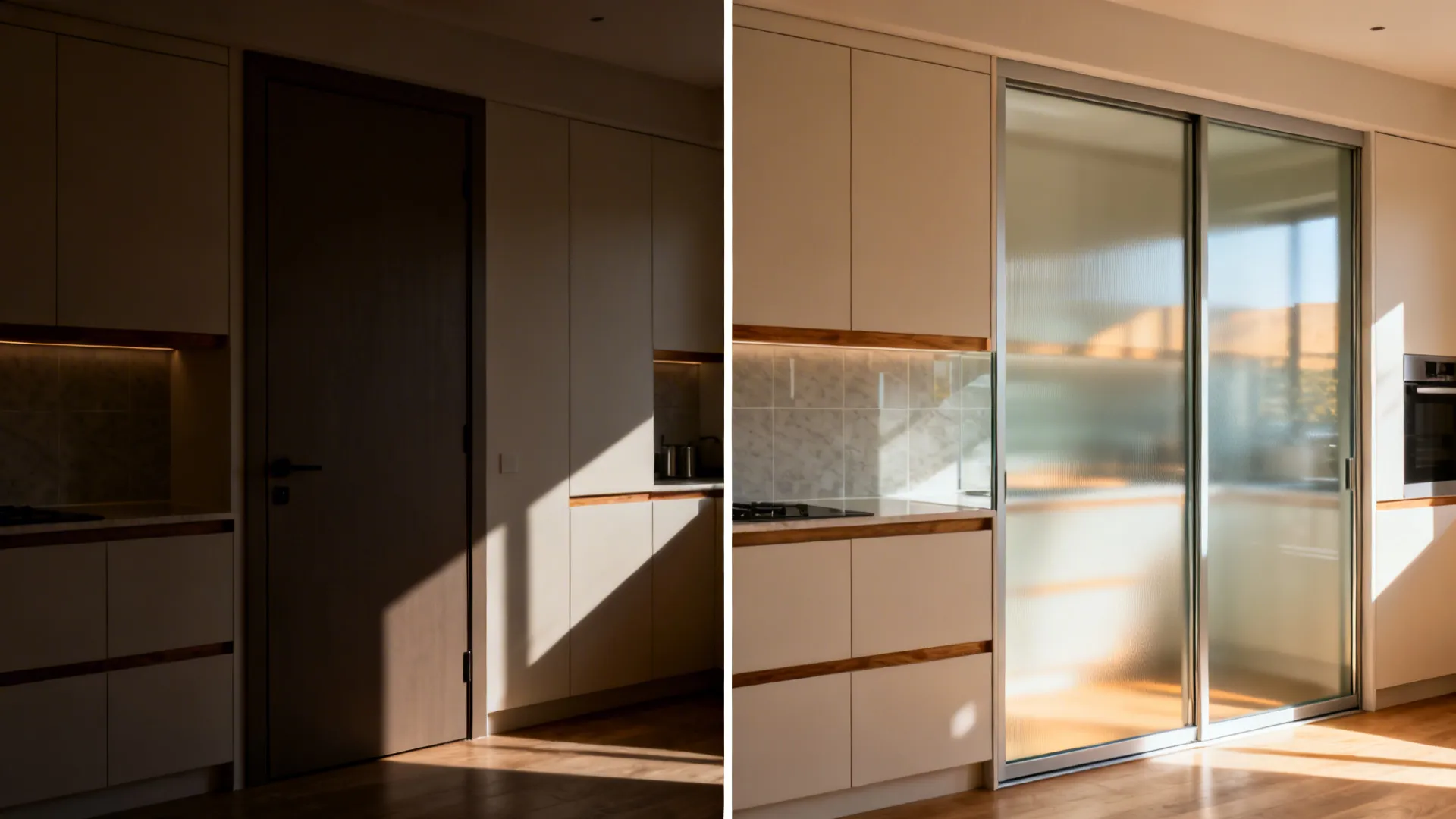 Before-and-after of a kitchen doorway switching from solid swing door to reeded-glass slider with brighter backsplash.