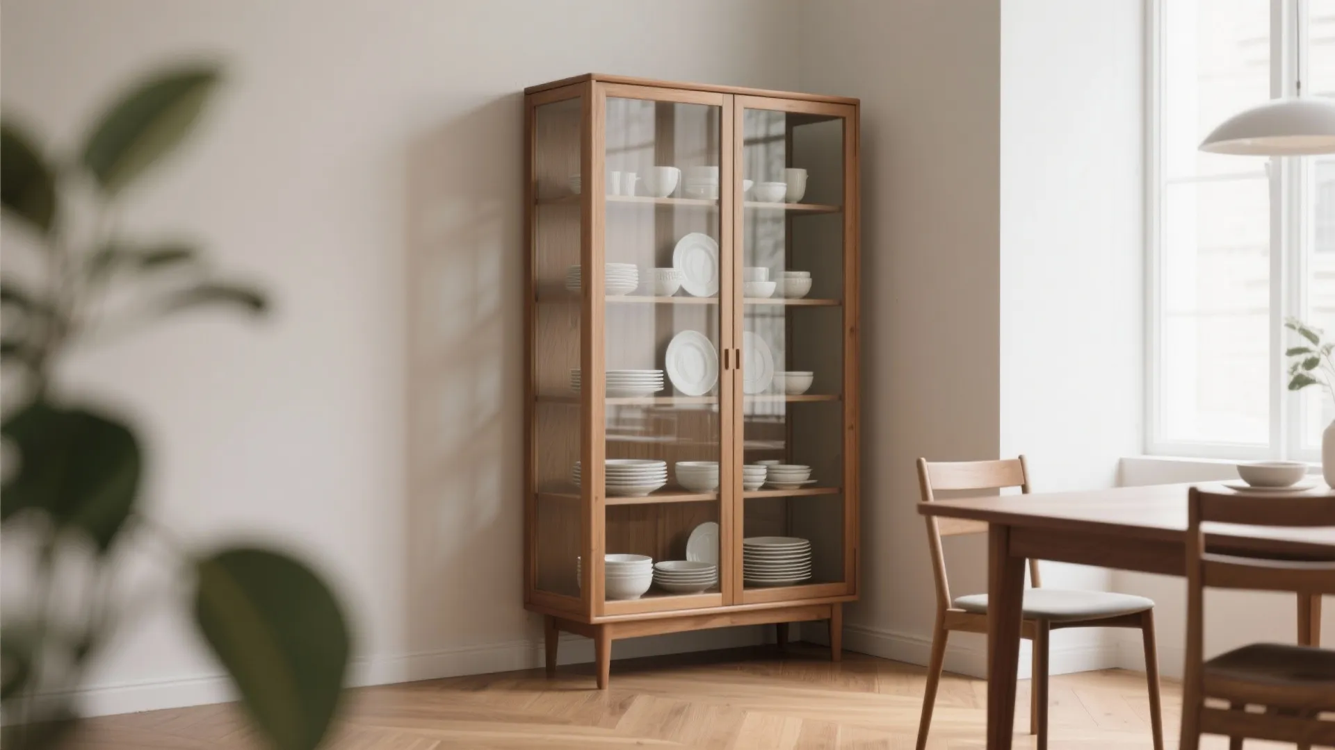 Wooden cabinet with glass doors filled with white plates and bowls near a dining table