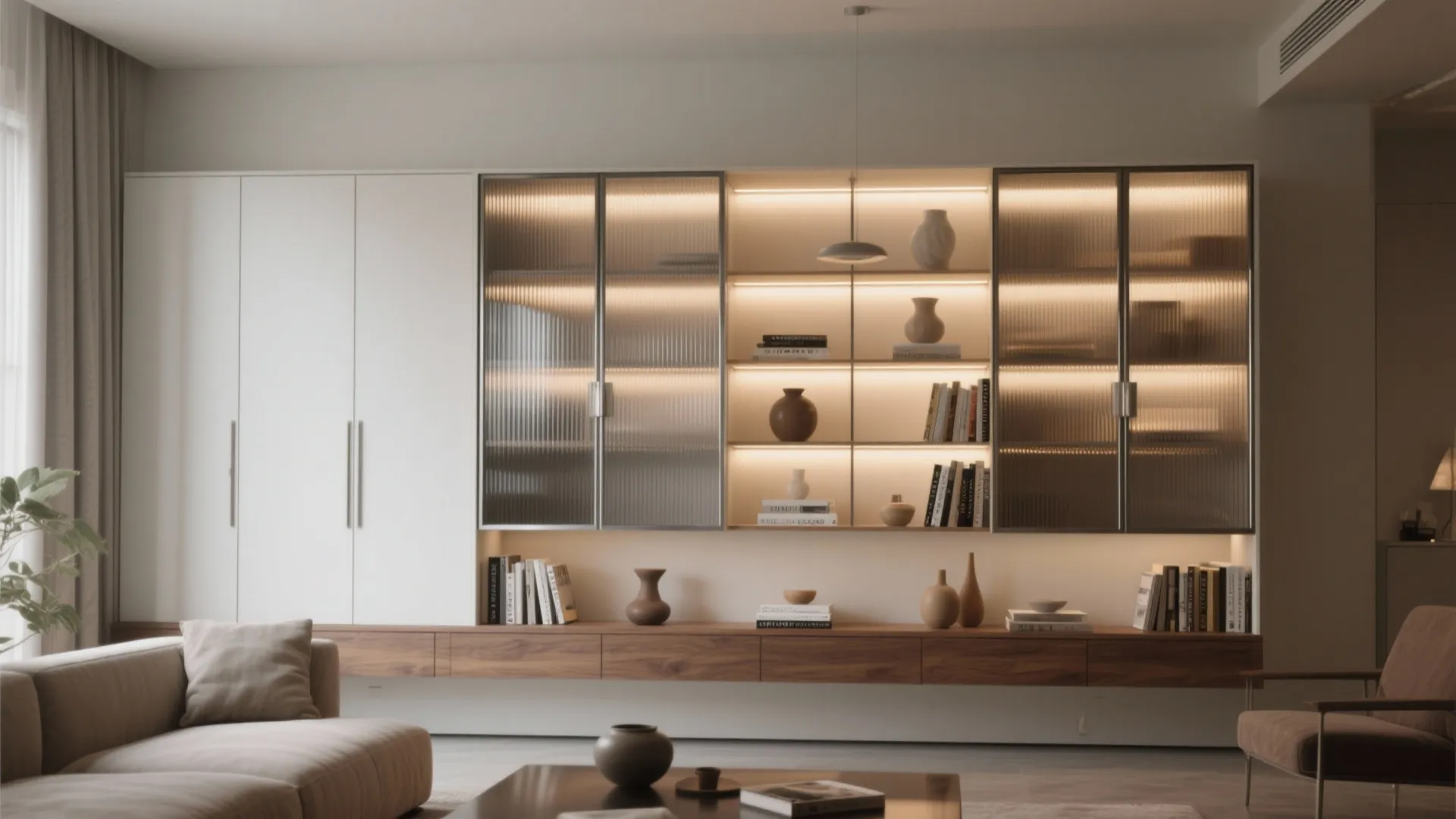 Modern wall cabinet with glass doors interior lighting books and decorative vases in a living room