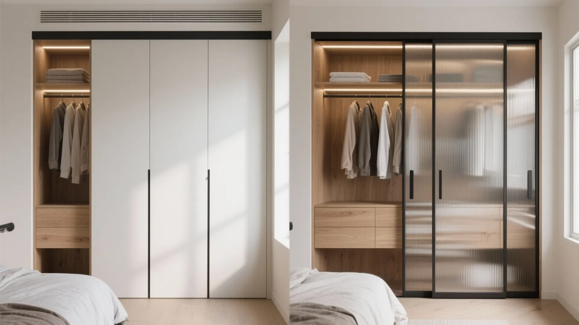 Before and after comparison of solid white cabinet doors versus sliding textured glass closet doors