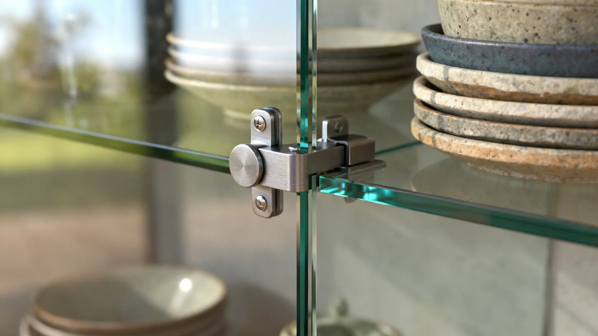 Close-up of low-iron glass cabinet door with soft-close hinge and stoneware inside.