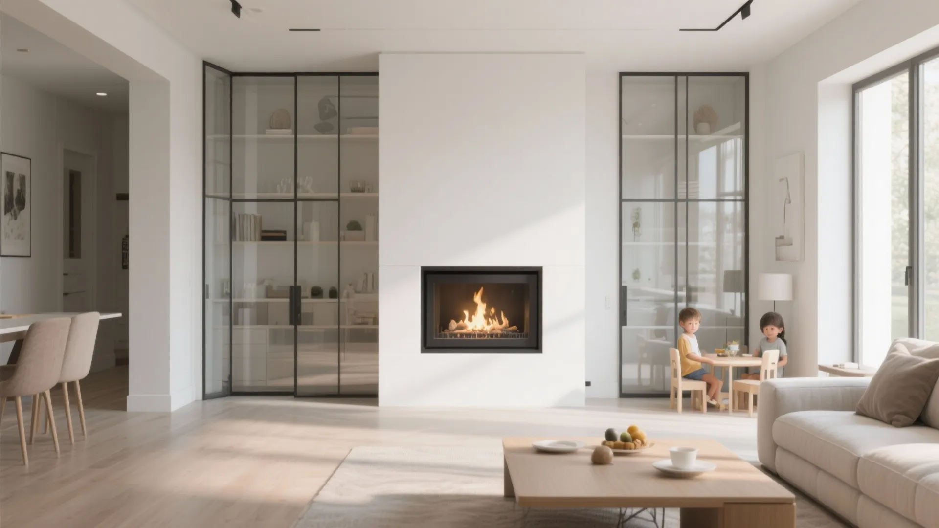 7. White Fireplace with Glass Doors