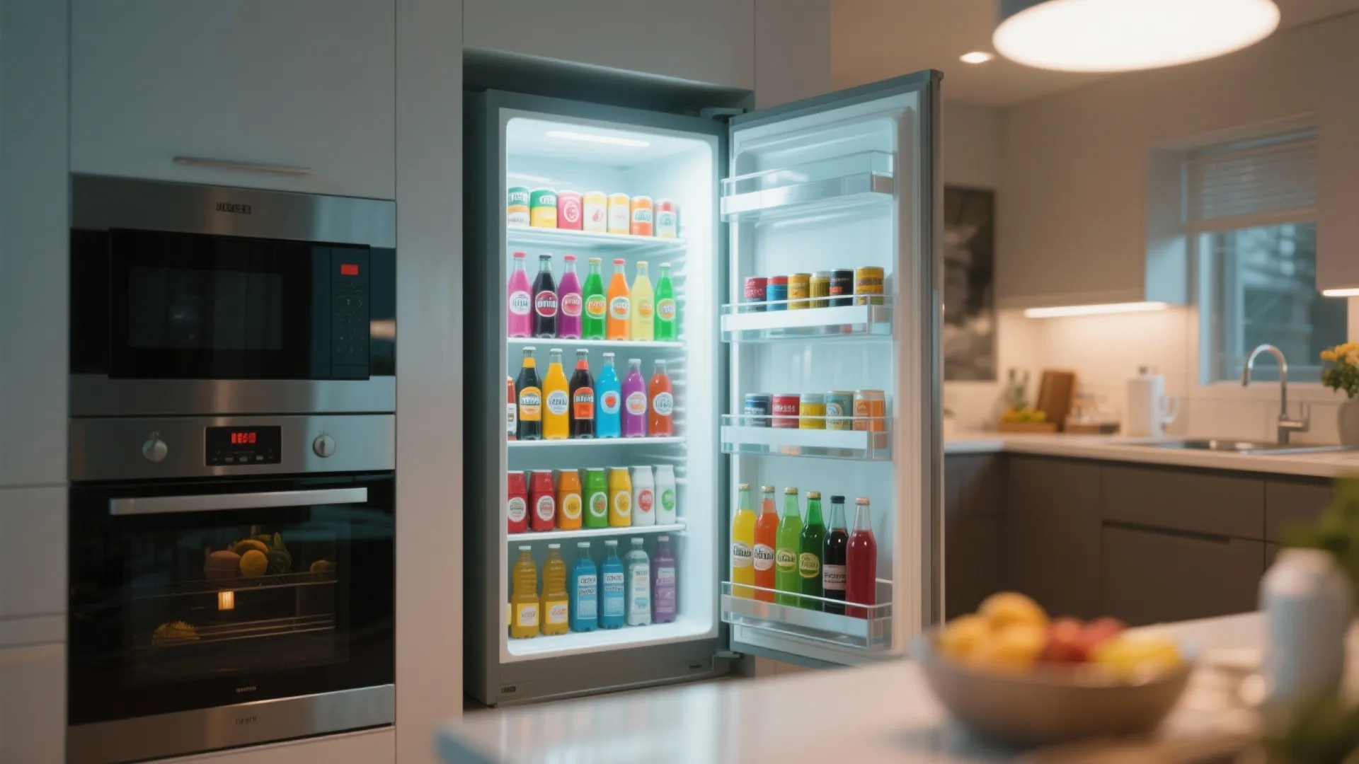 Glass door display fridge showcasing colorful drinks