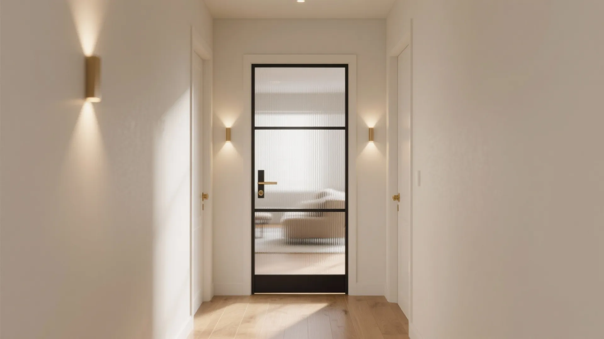 Narrow hallway with white walls, wooden floor, gold wall lights, and black framed glass door