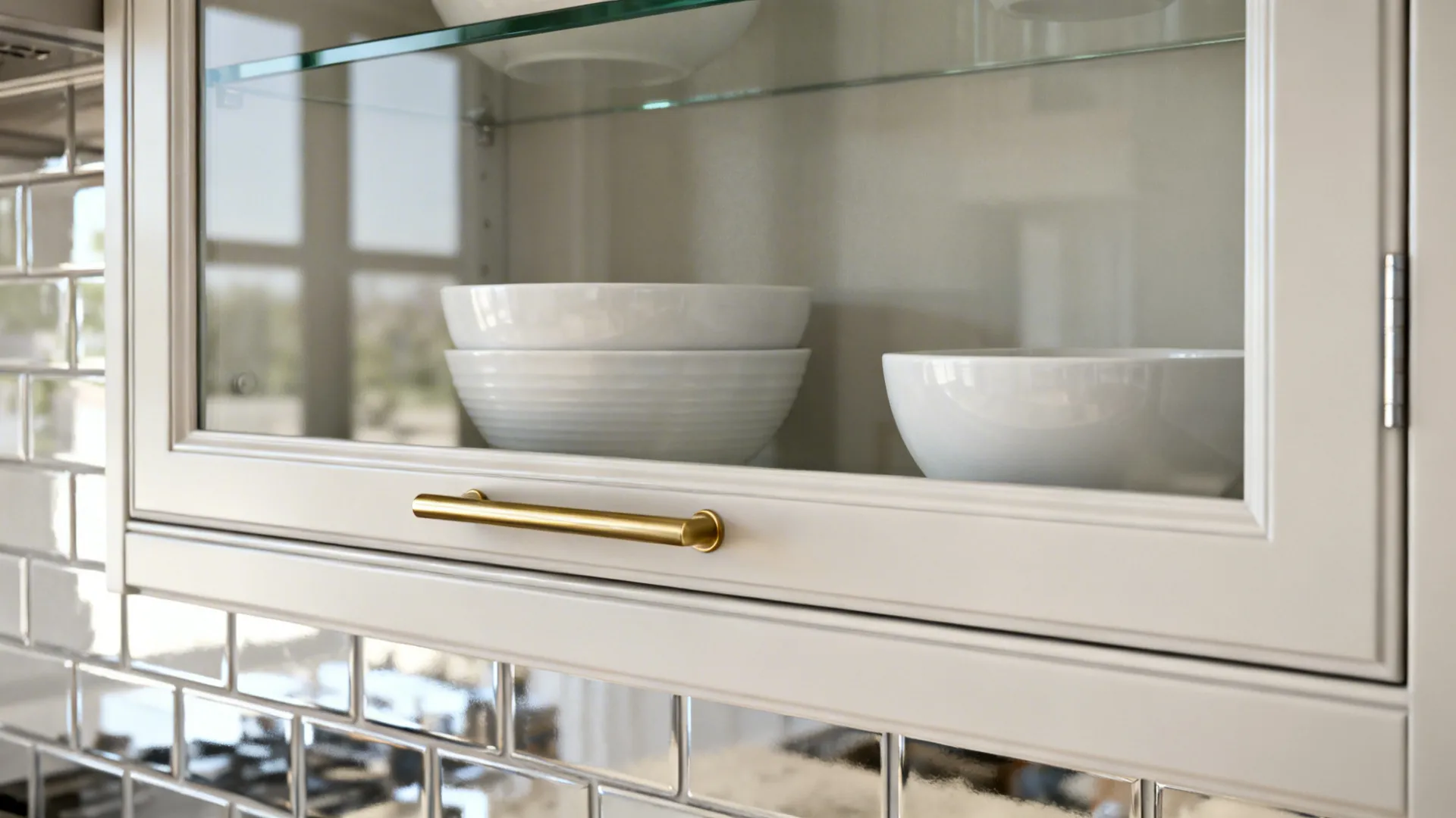 Macro of low-iron glass cabinet door with brass pull and reflective backsplash detail.