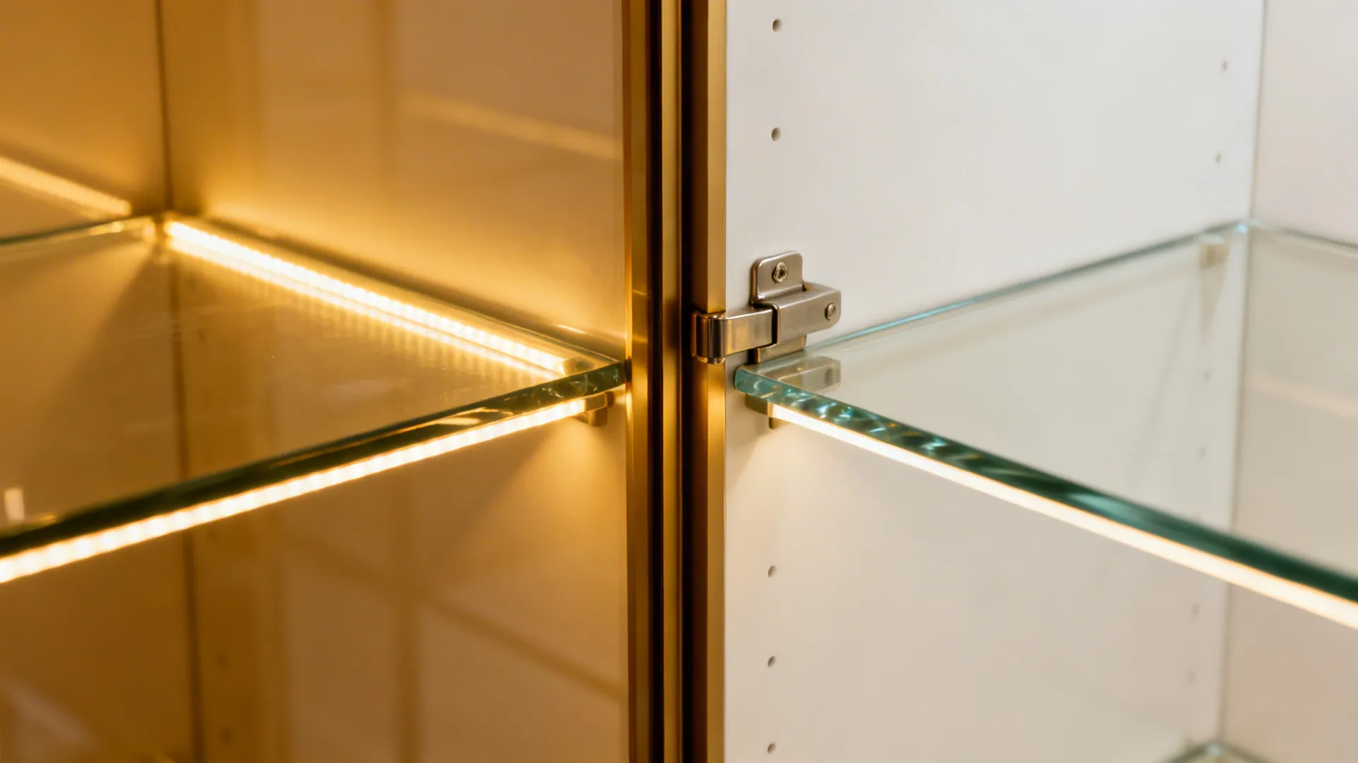 Macro of a glass upper cabinet edge with warm LED lighting and white interior.