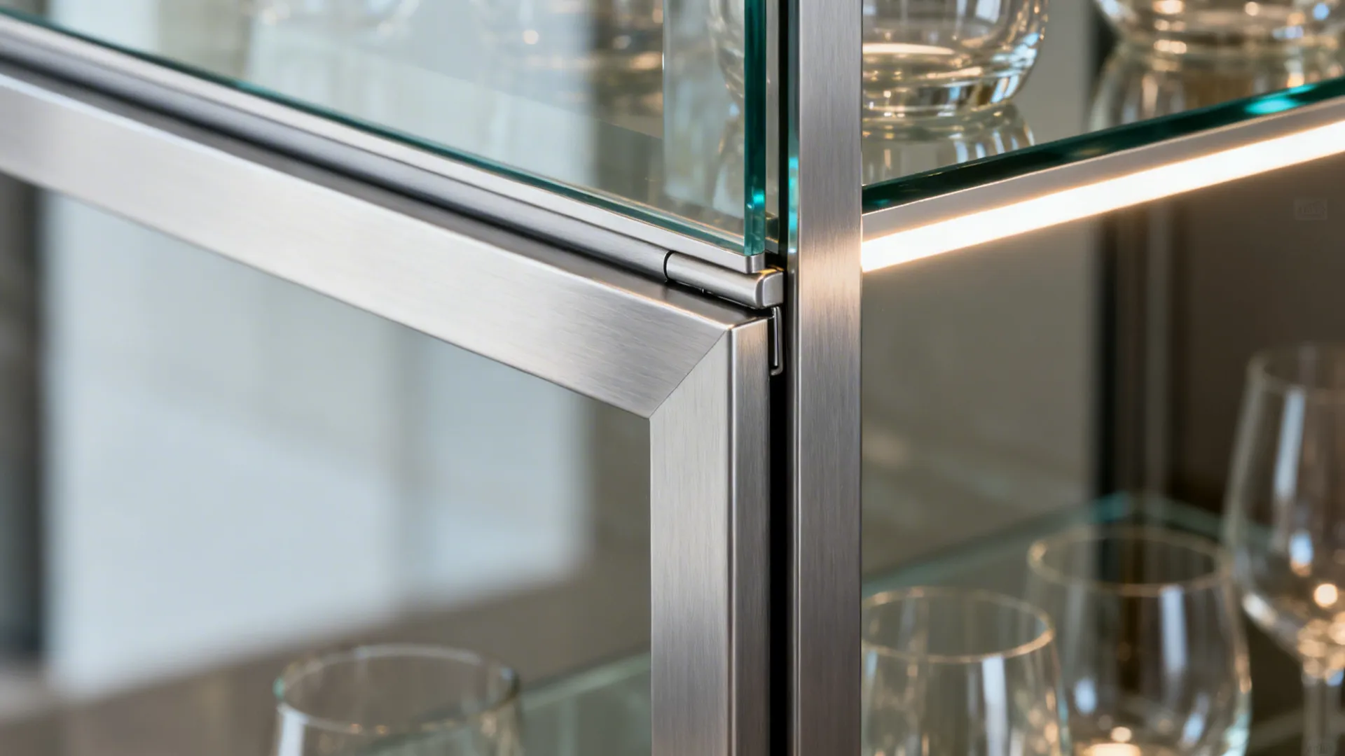 Macro of satin glass upper cabinet door with slim metal frame and integrated LED strip.