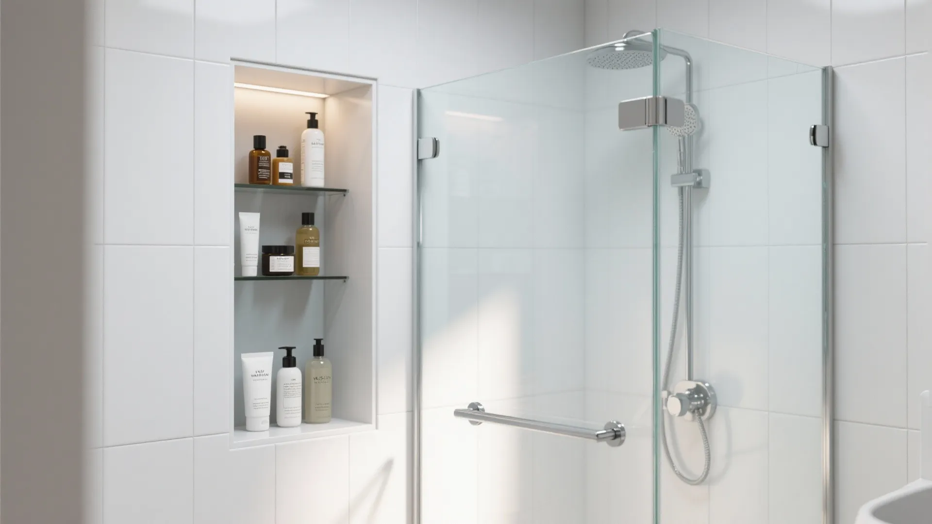 Bright bathroom featuring glass shower door and wall shelf with glass dividers holding skin products