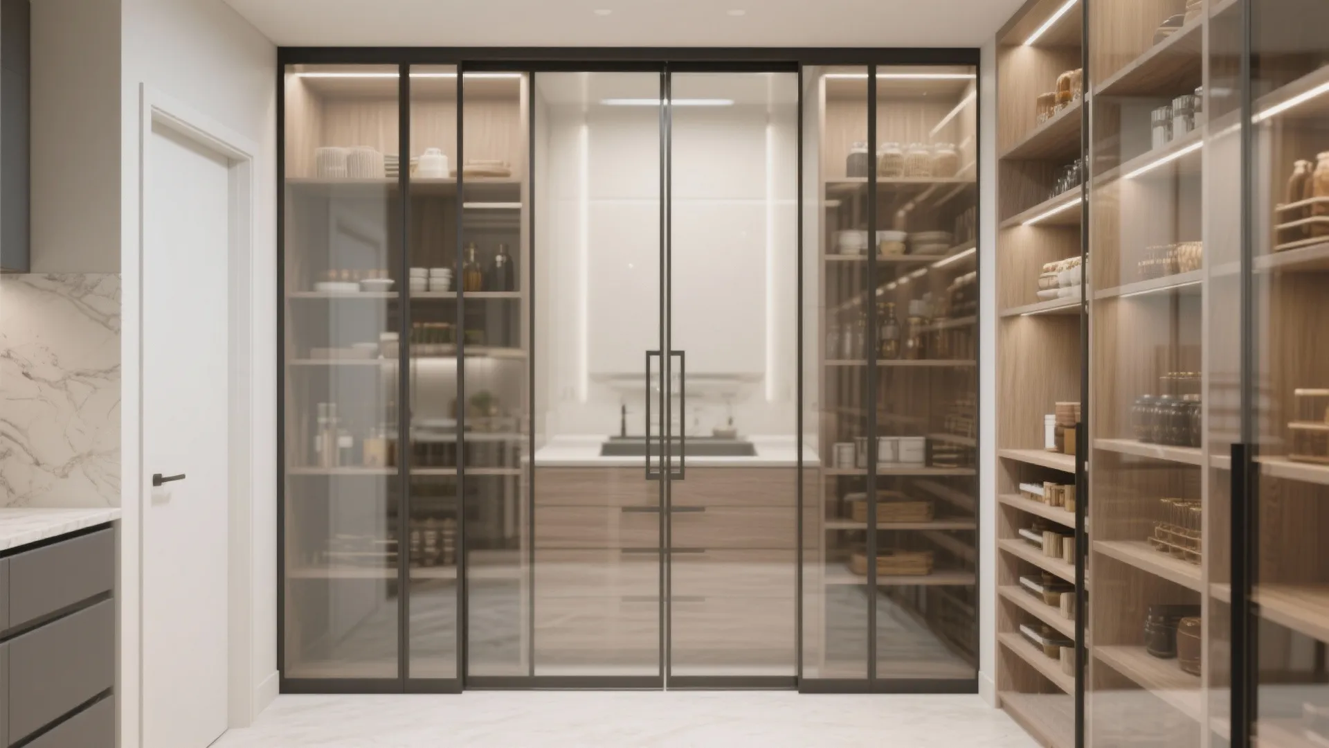 Modern walk-in pantry with glass doors and neat organization