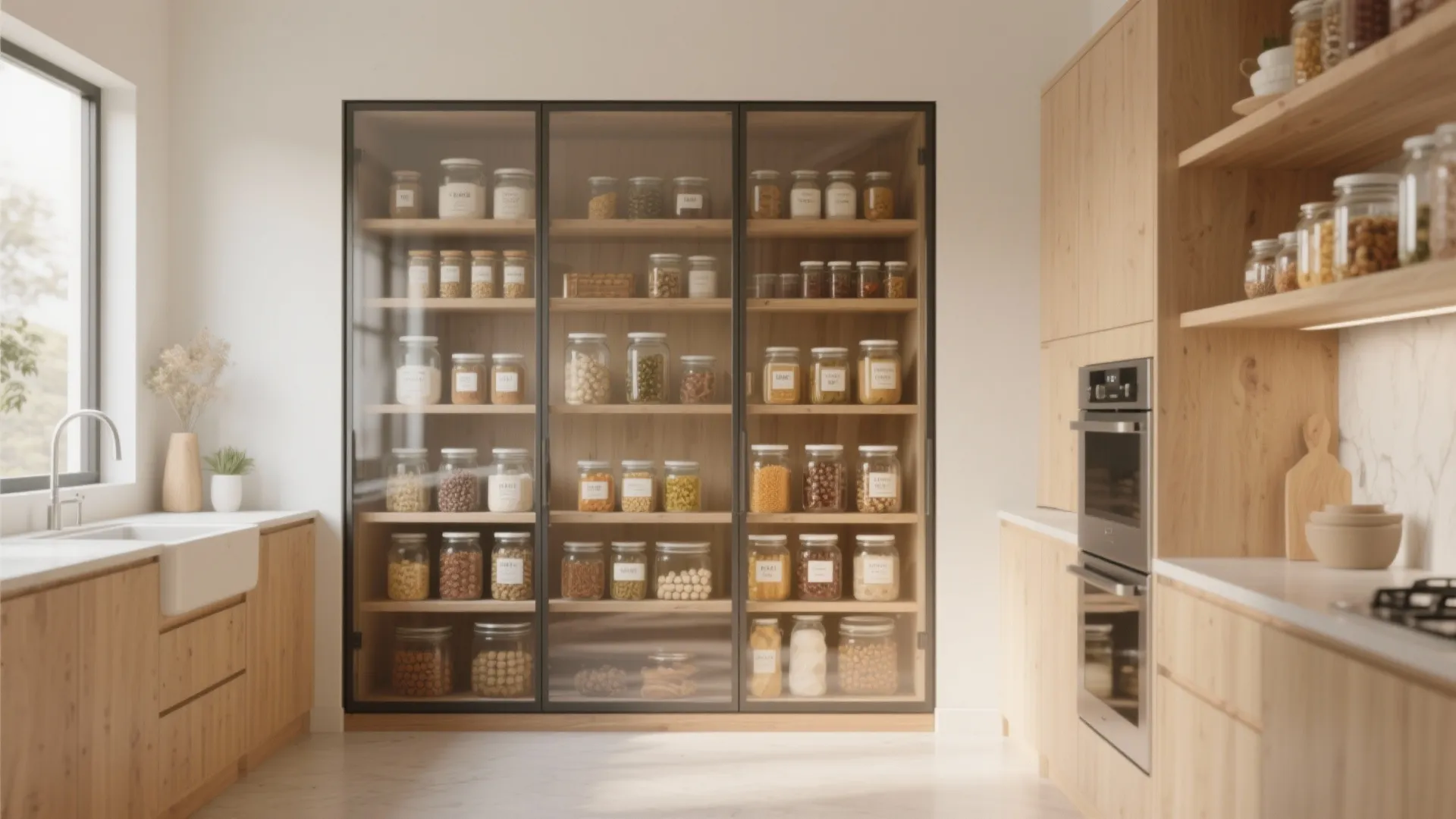 Modern kitchen pantry with glass doors showing organized glass jars on wooden shelves with lighting