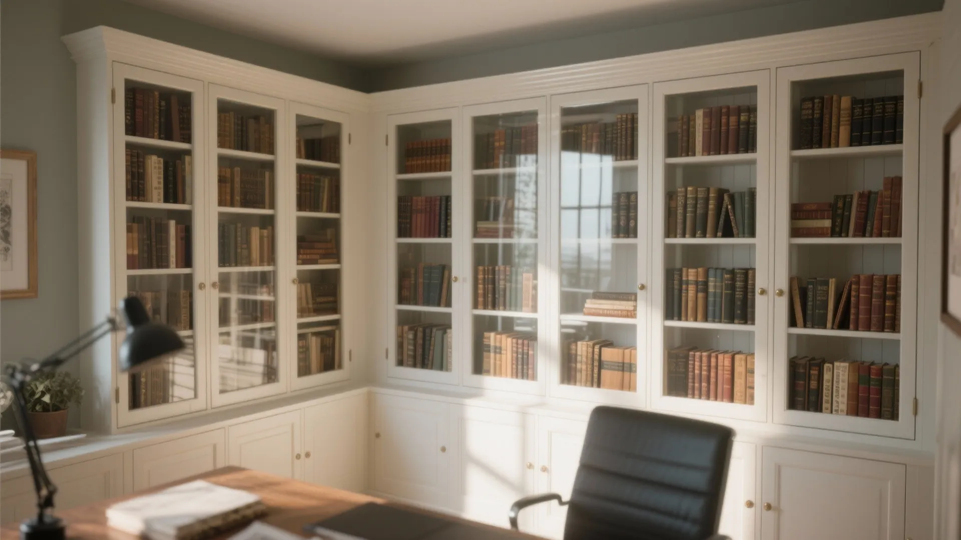 Large white corner cabinet with glass doors for books and a dark leather office chair