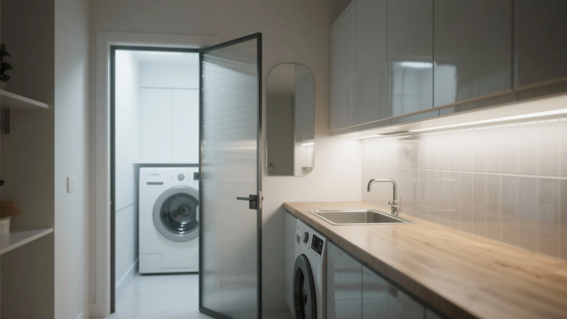 Modern laundry room featuring a glass door, white washing machine, wood countertop, sink, and cabinets