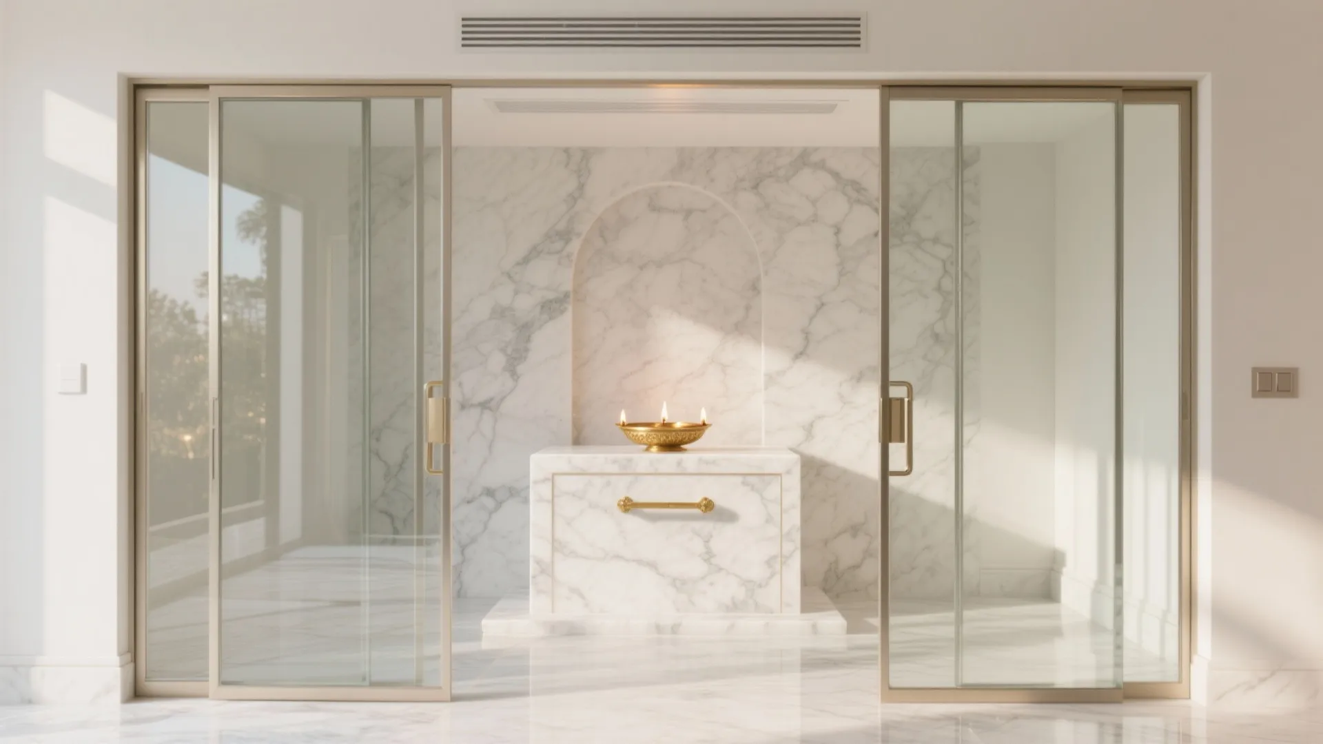 Sliding glass doors with gold frames opening to marble prayer room with a gold oil lamp