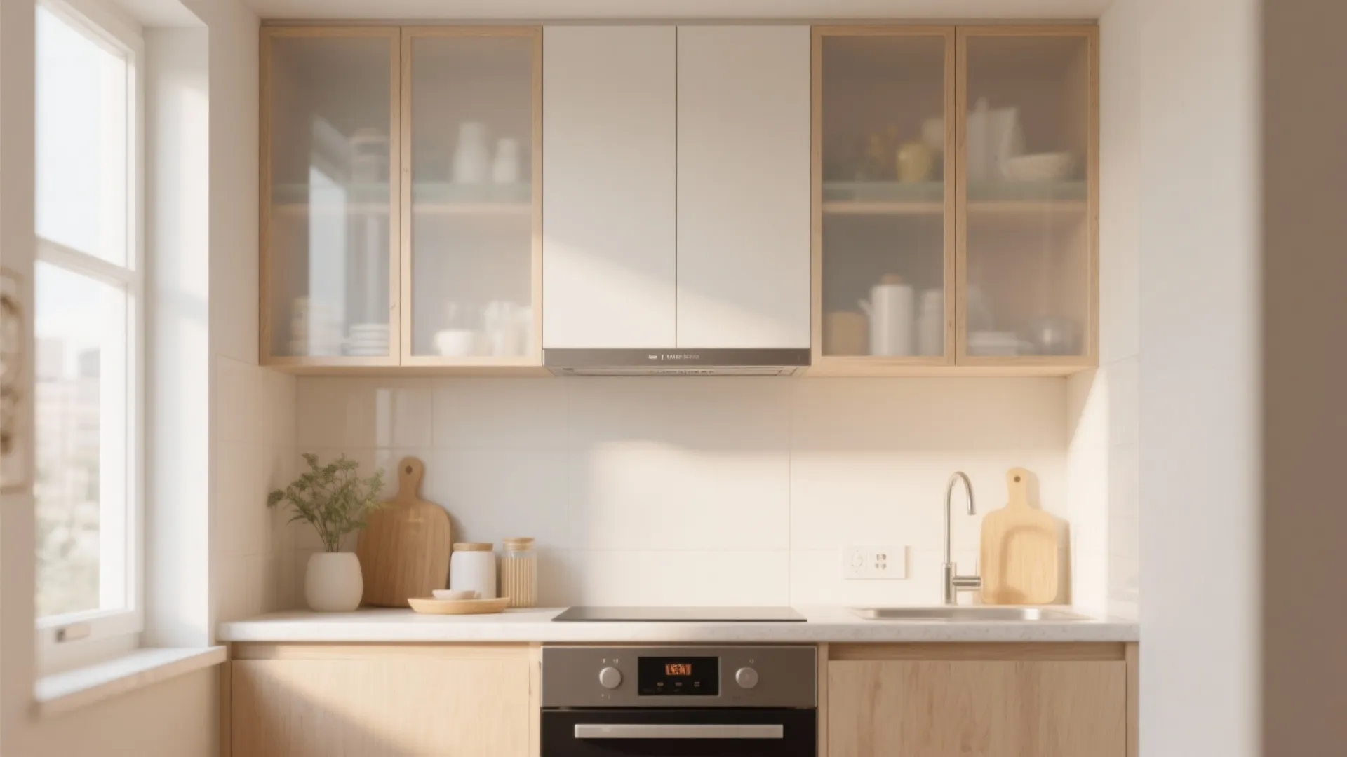 Small kitchen with wooden cabinets glass doors white tile wall silver oven and kitchen sink