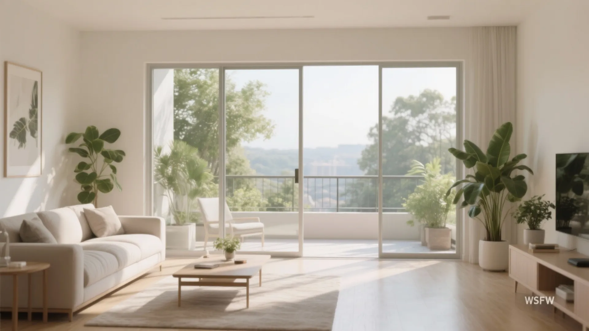 Bright living room with large glass sliding doors white sofa wood floor and green house plants