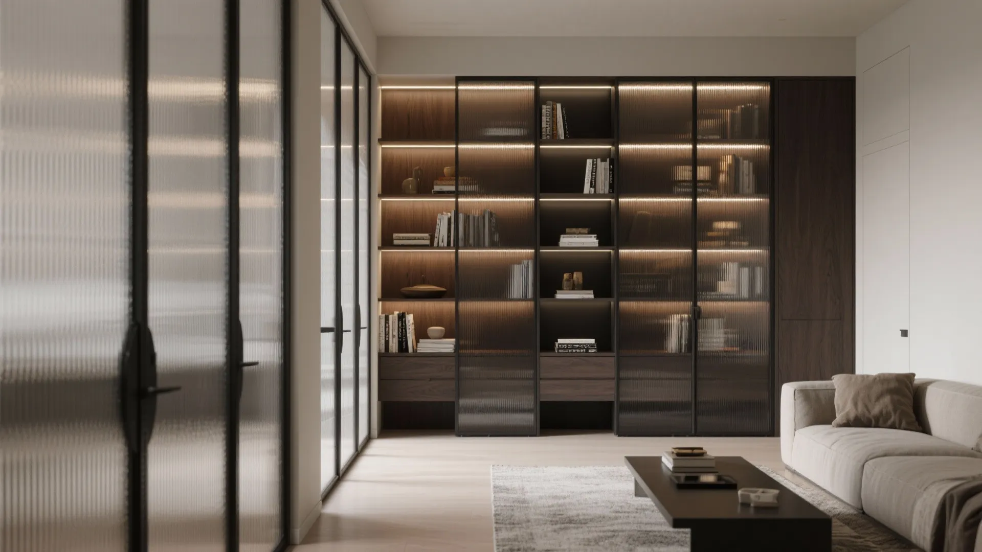 Modern living room featuring a large dark wood bookshelf with glass doors and warm lighting
