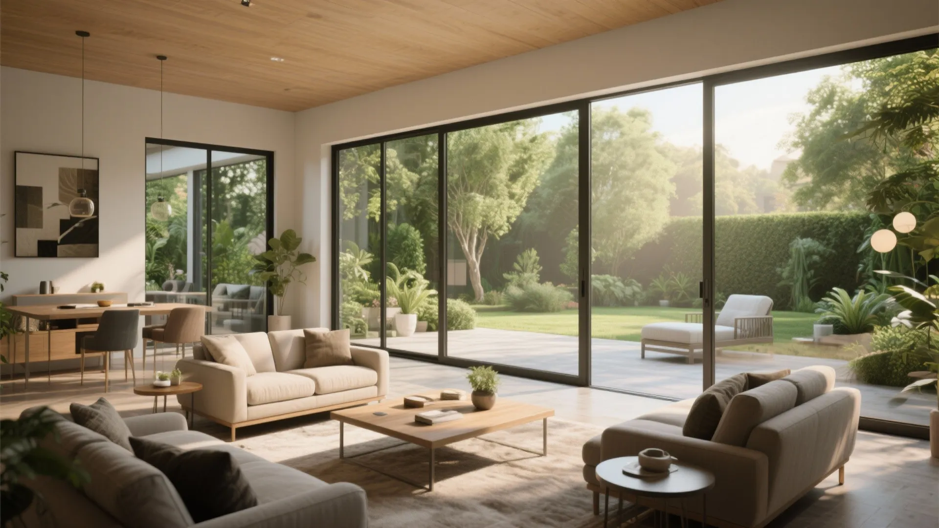 Living room with sliding glass doors opening to greenery