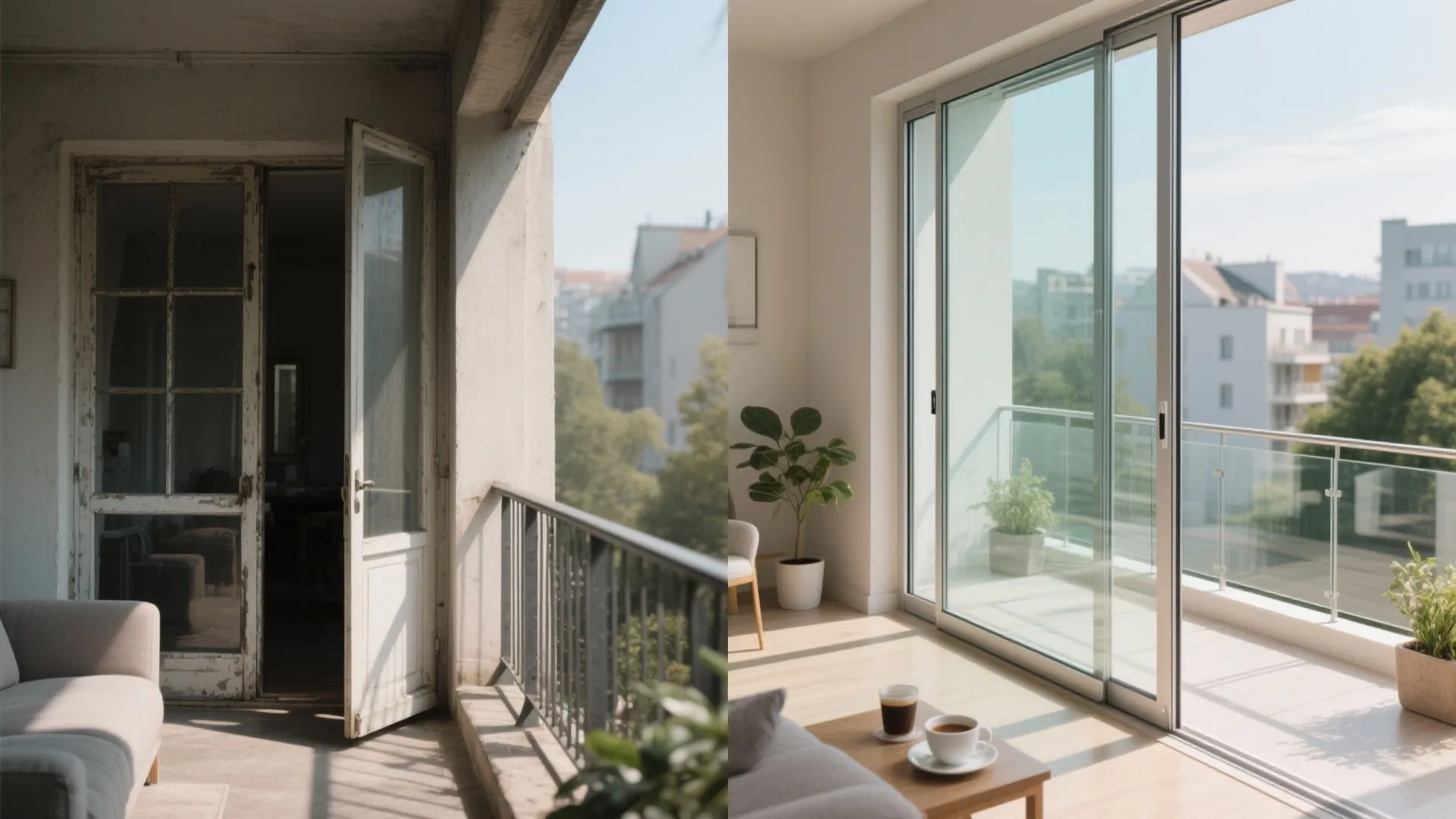 Before and after comparison of old wooden balcony door versus modern clean glass sliding doors