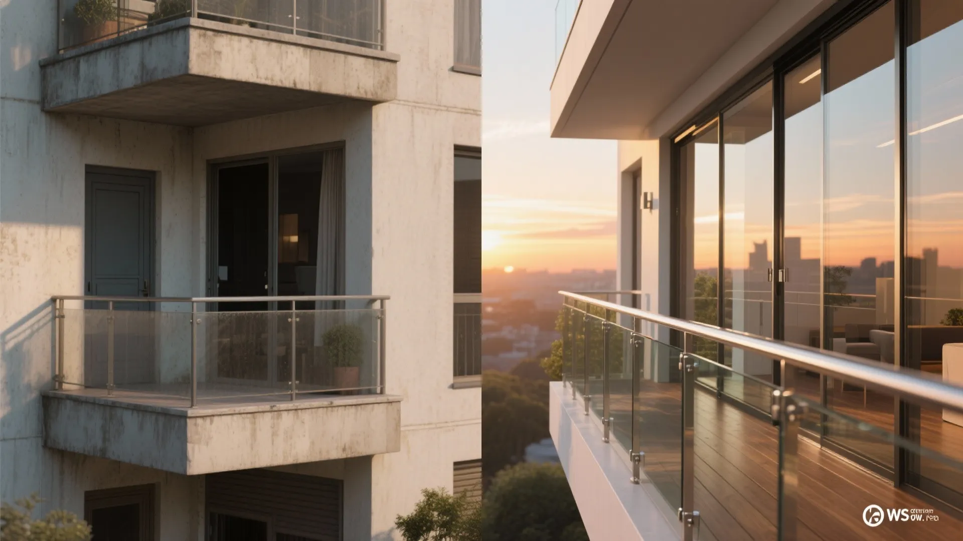 Modern apartment balconies with glass railings and sliding doors overlooking a city during golden sunset