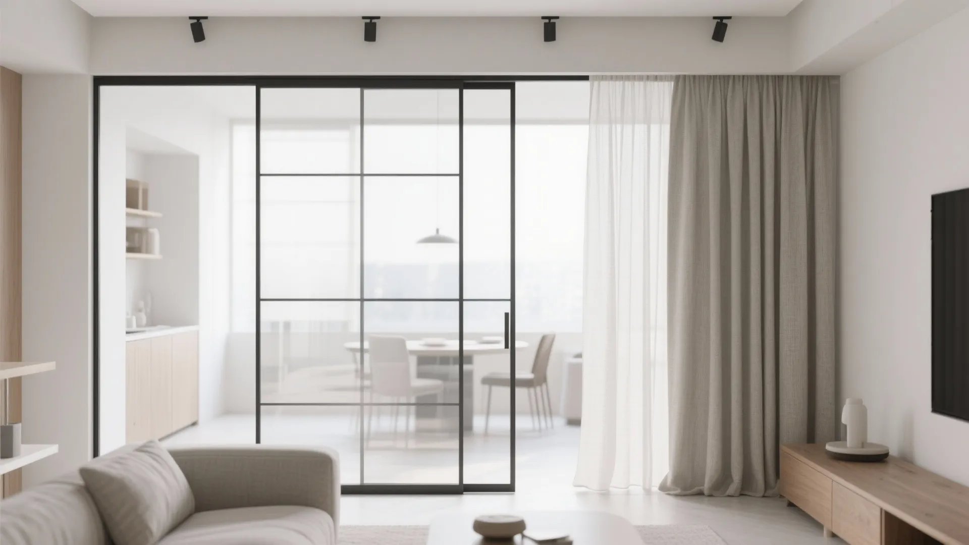 Minimalist Glass Partition with Soft Drapery