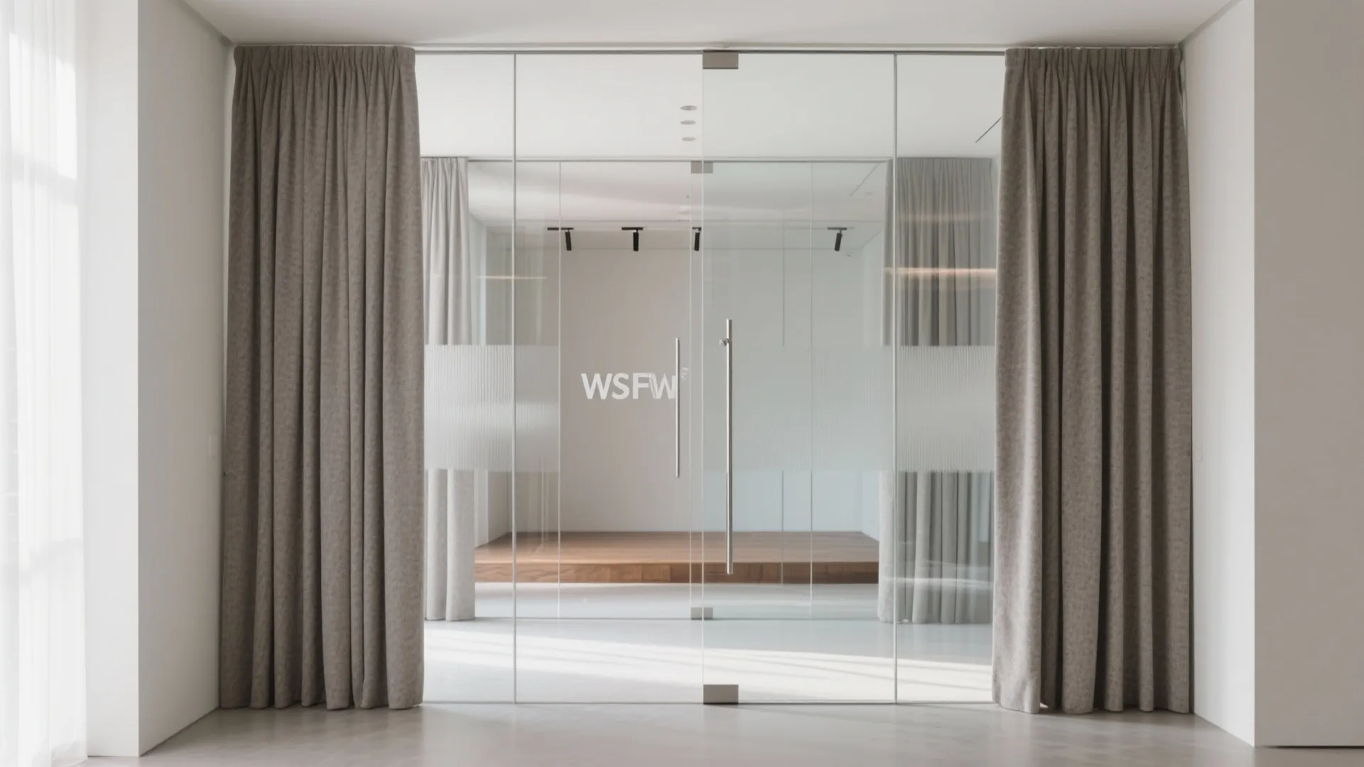 Low-iron glass partitions with wool drapery create bright, focused zones in a multipurpose hall while preserving sightlines.