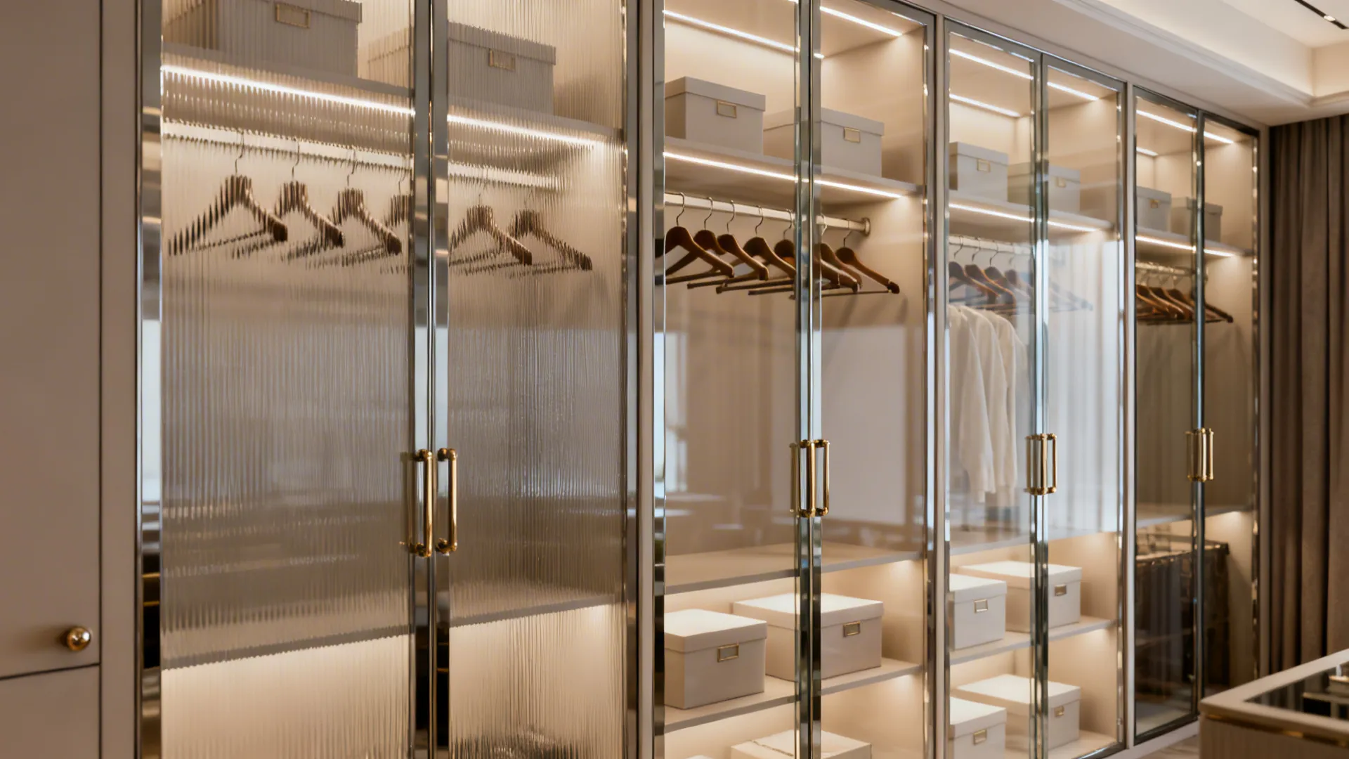 Glass-fronted dressing area with frosted panels, organized clothing and backlit shelving for a boutique look.