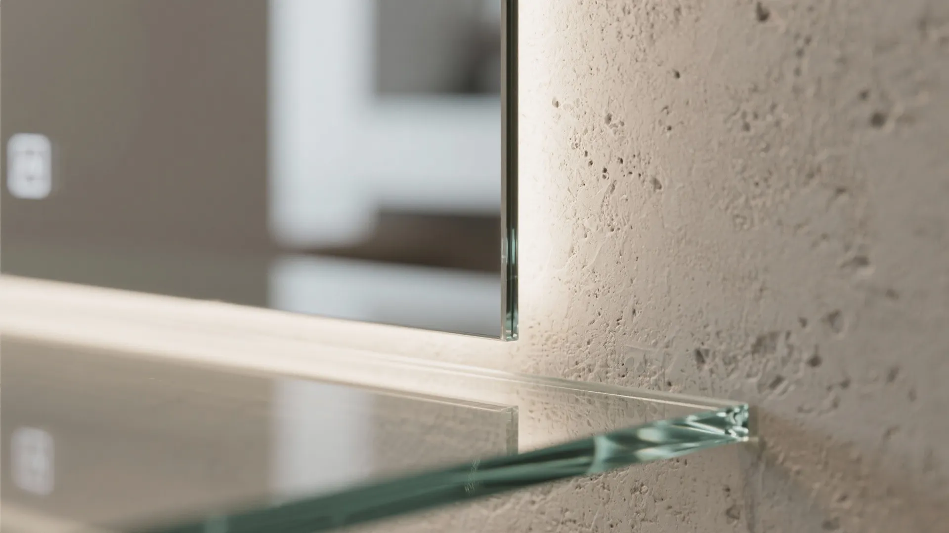 Backlit mirror and glass backsplash for easy cleanup