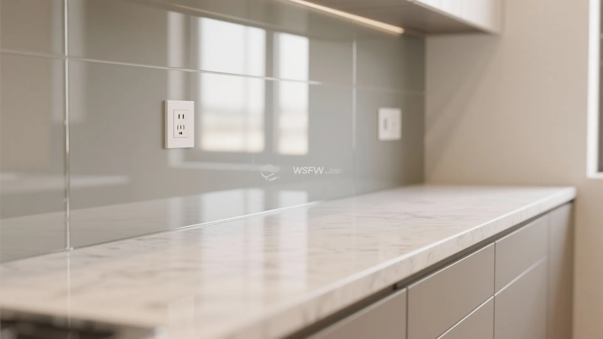 Macro of satin glass backsplash edge sealed against pale quartz countertop with clean socket placement
