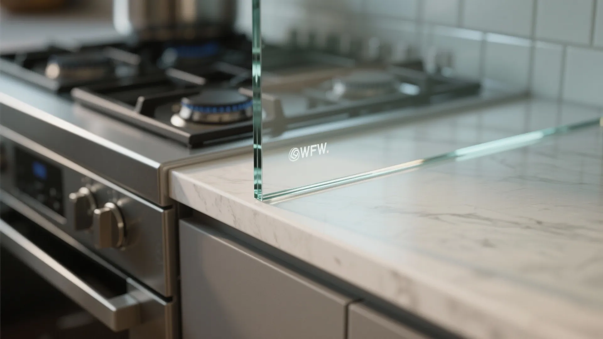 Transparent glass backsplash for a brighter feel