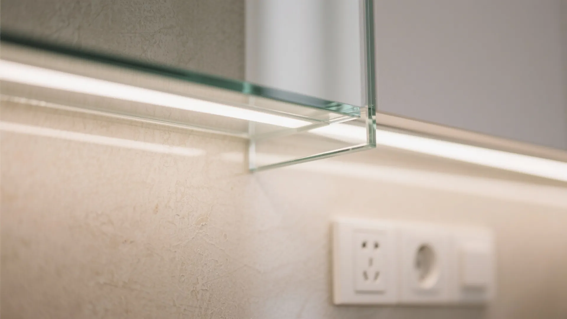 Close up of glass shelf with light fixture and white power outlets on the wall