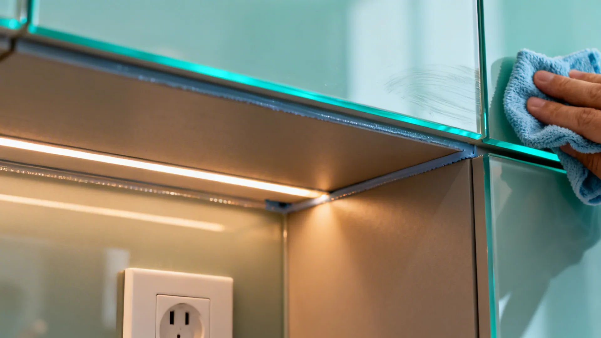 Detail of tempered glass backsplash cutout with LED glow and silicone gap.