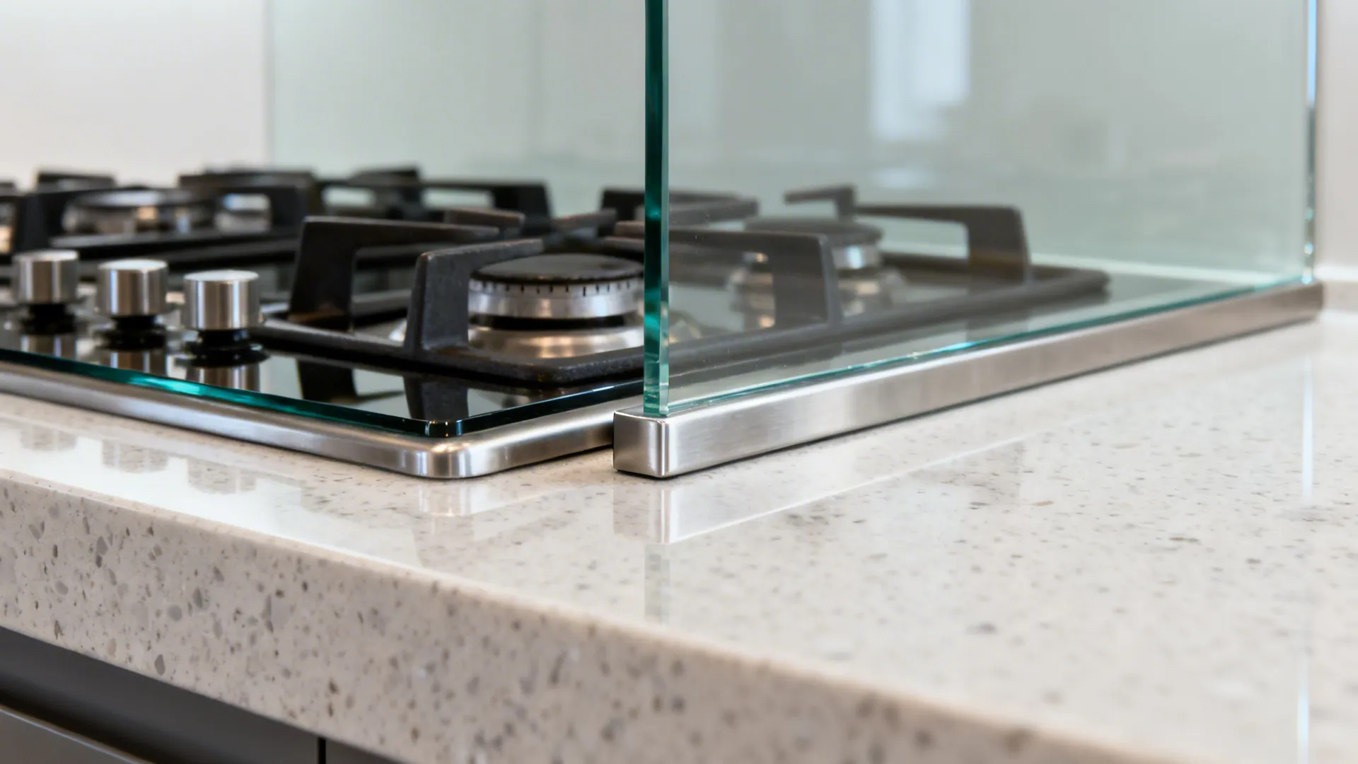 Macro of tempered glass backsplash edge with stainless spacer and quartz counter near a gas cooktop.