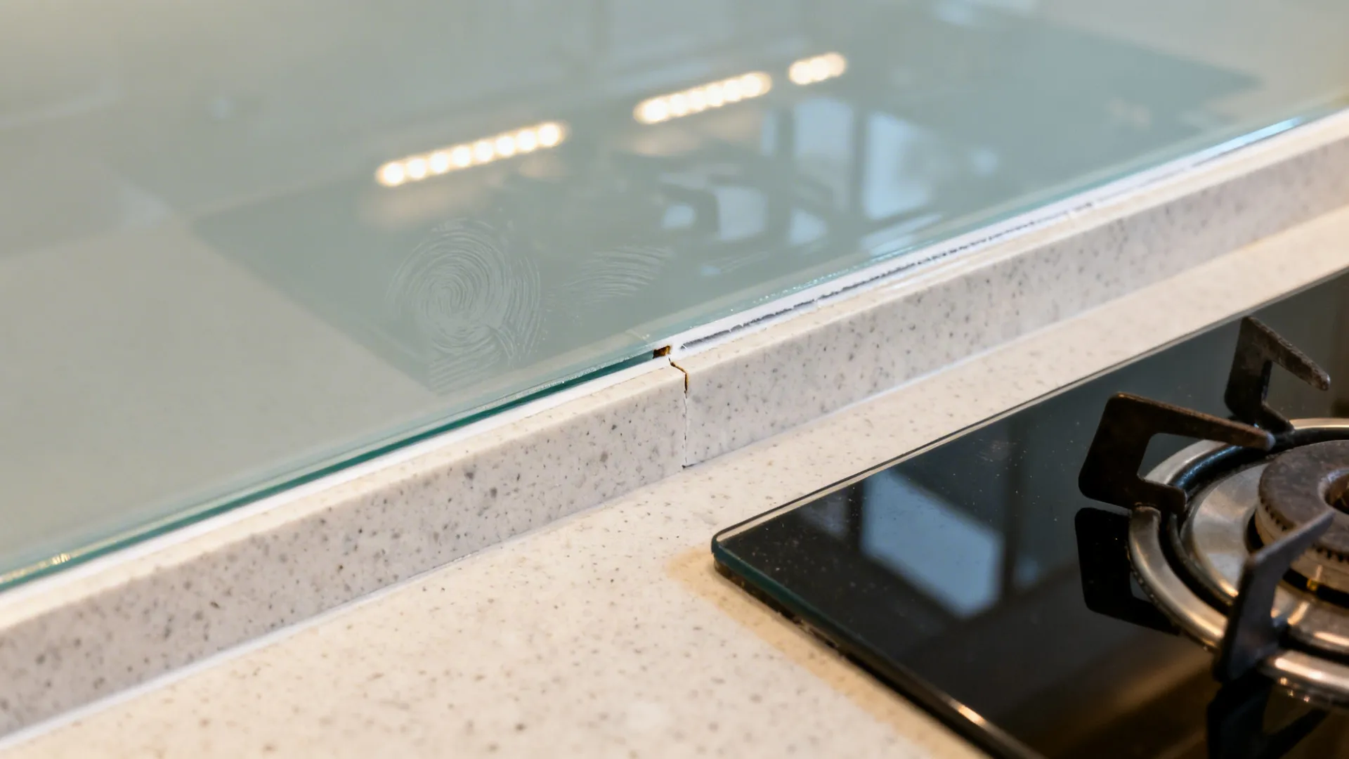 Close-up of tempered glass backsplash edge with neat sealant above a quartz counter.