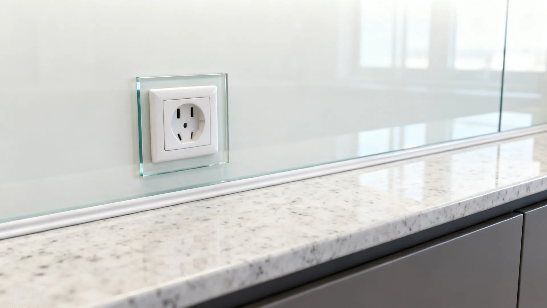 Macro detail of a tempered glass backsplash with silicone edge and precise outlet cut-out.