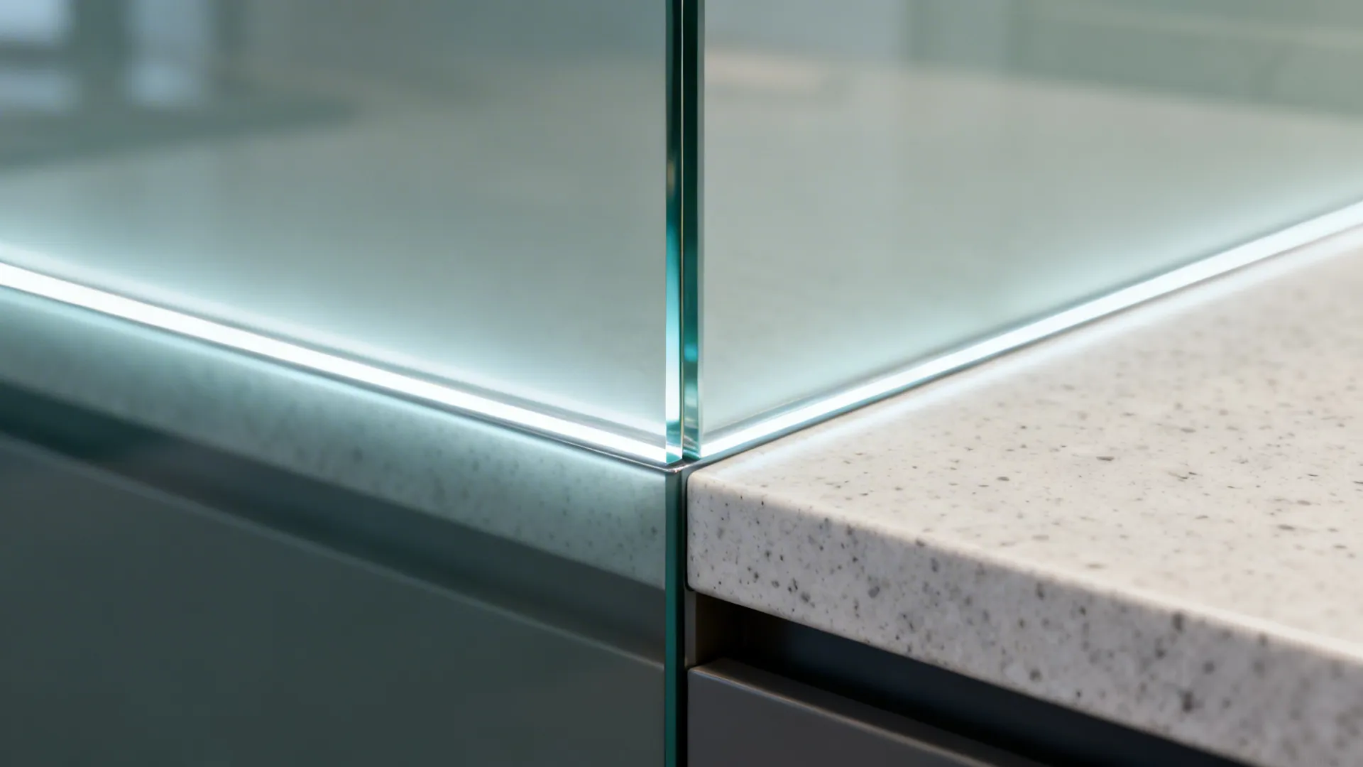 Close-up of a sealed low-iron glass backsplash edge meeting a quartz countertop.