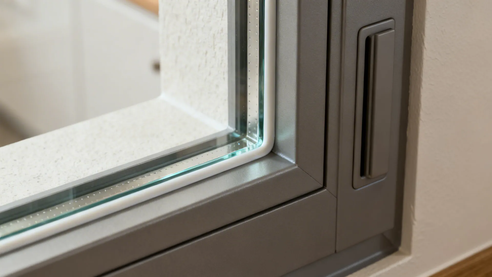 Macro of a frameless tempered glass window edge with precise silicone seal beside a slim fan cover.