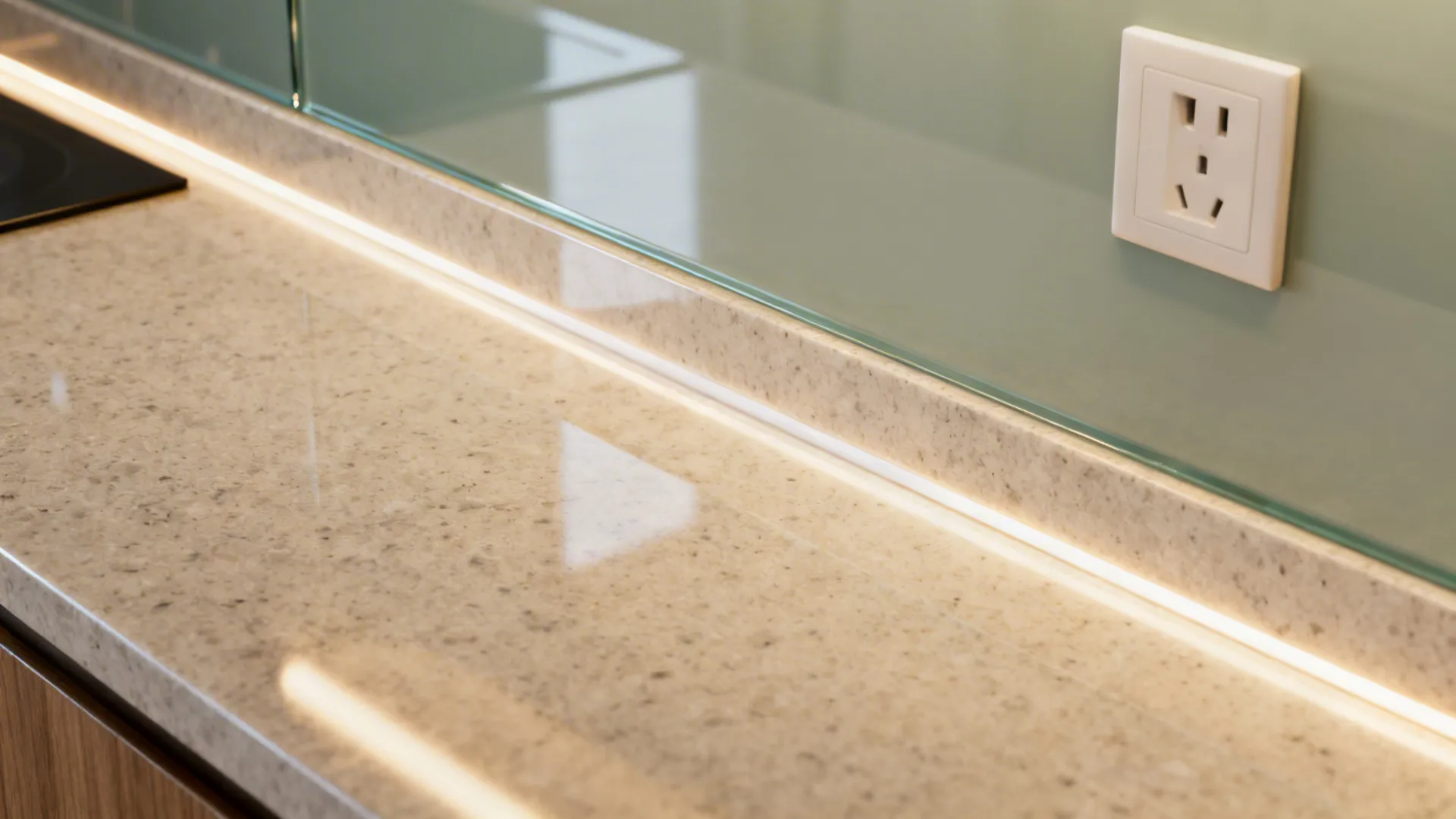 Close-up of tempered glass backsplash edge with neat outlet cutout and LED reflection.