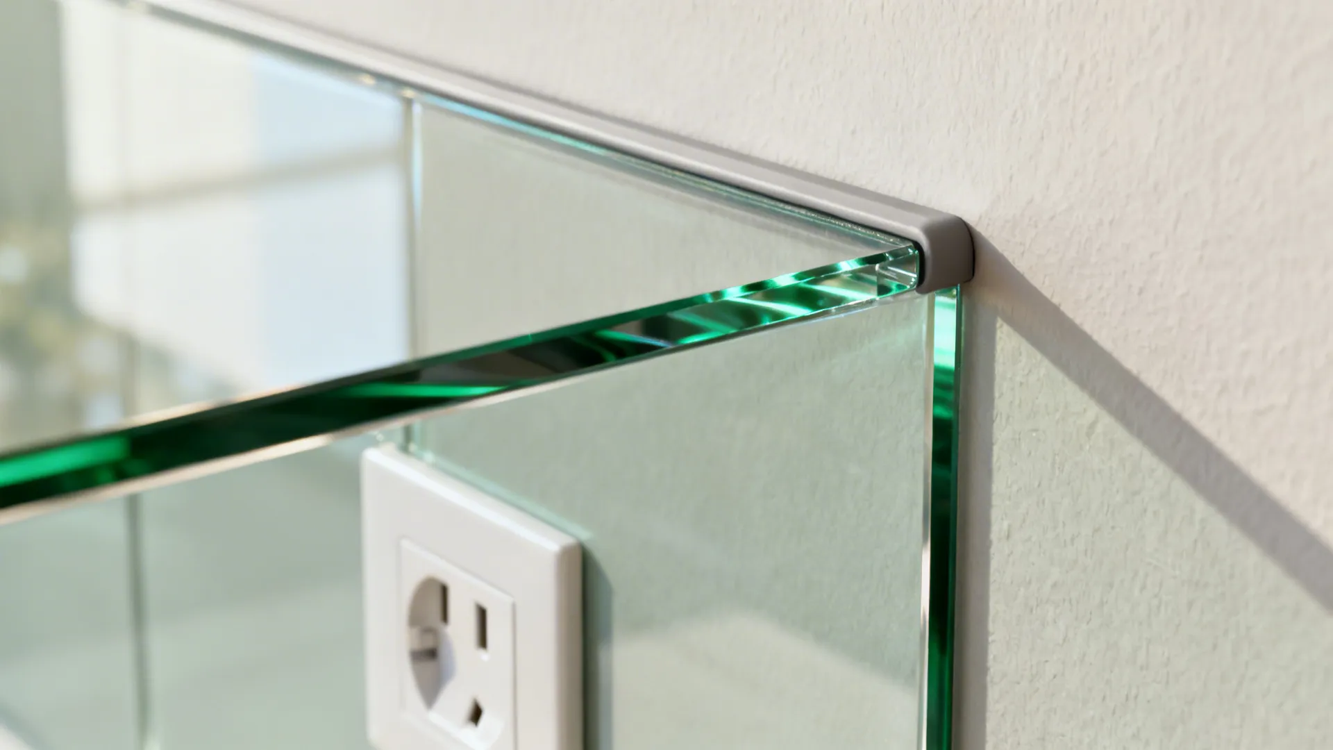 Close-up of a low-iron glass backsplash with a precise outlet cutout and polished edge.