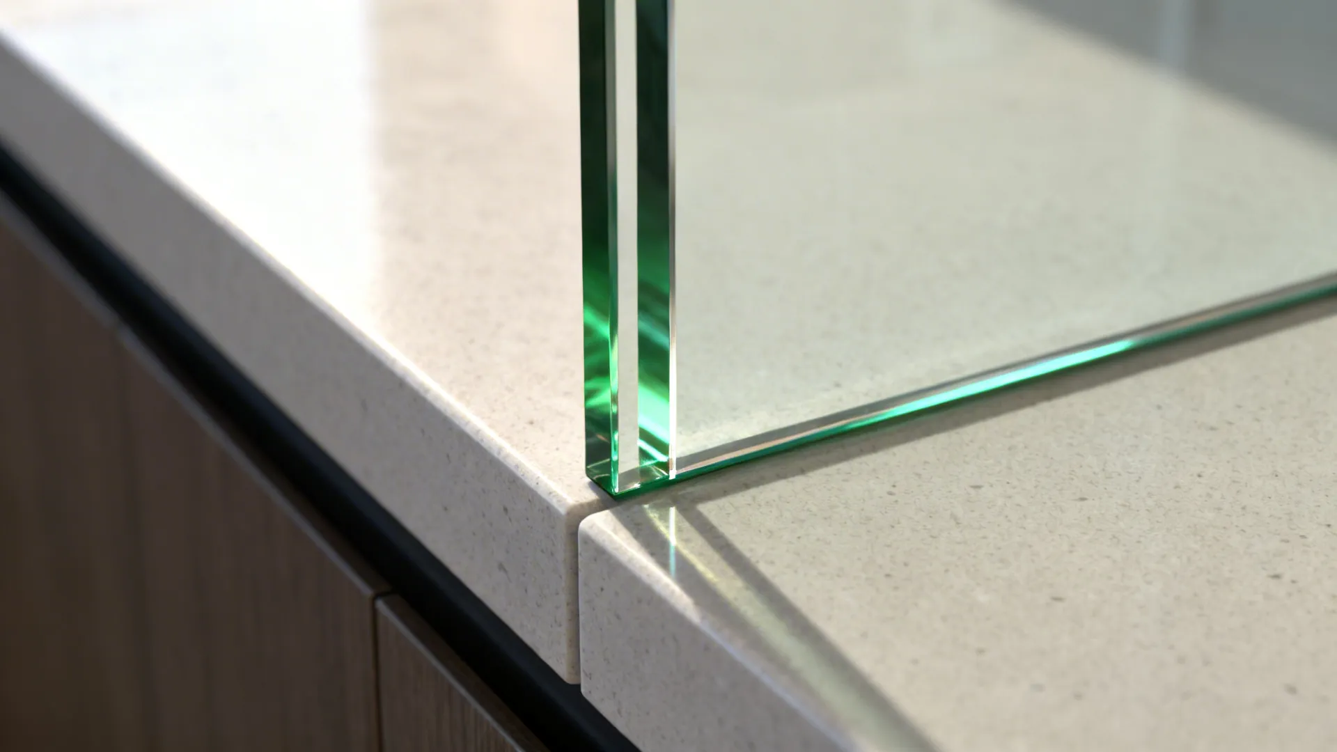 Close up view showing green glass panel edge resting on a light white stone countertop